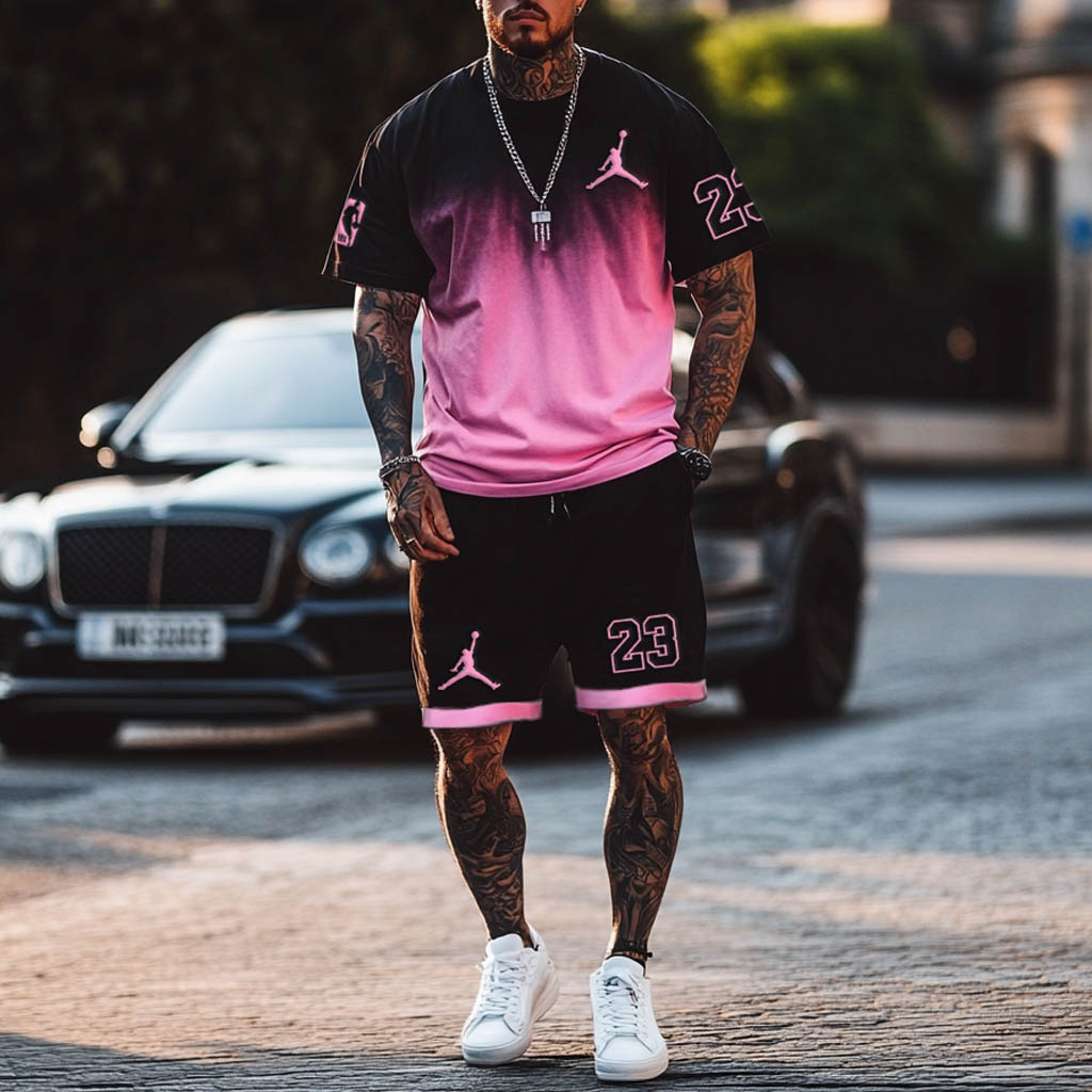 Unisex Basketball Print Black And Pink Gradient Oversized Streetwear Short-Sleeved T-shirt And Shorts Set