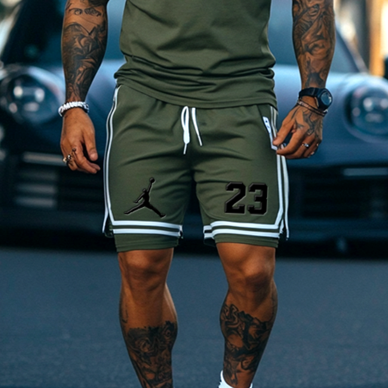 Unisex Basketball Print Inspired Olive Green Tank Top And Stripes Splicing Inner Pants Set