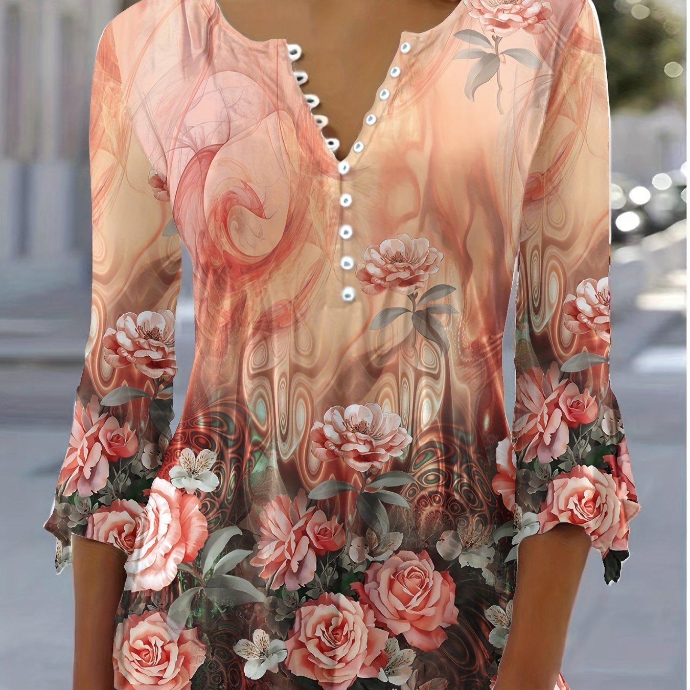 Women's Floral Print Button Front V-Neck T-Shirt with Flutter Sleeves