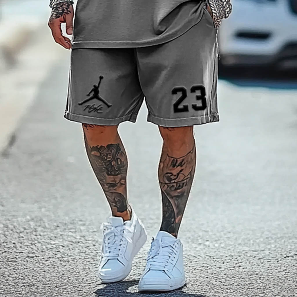 Unisex Basketball Print Oversized Streetwear Gray Short-Sleeved T-shirt And Shorts Set