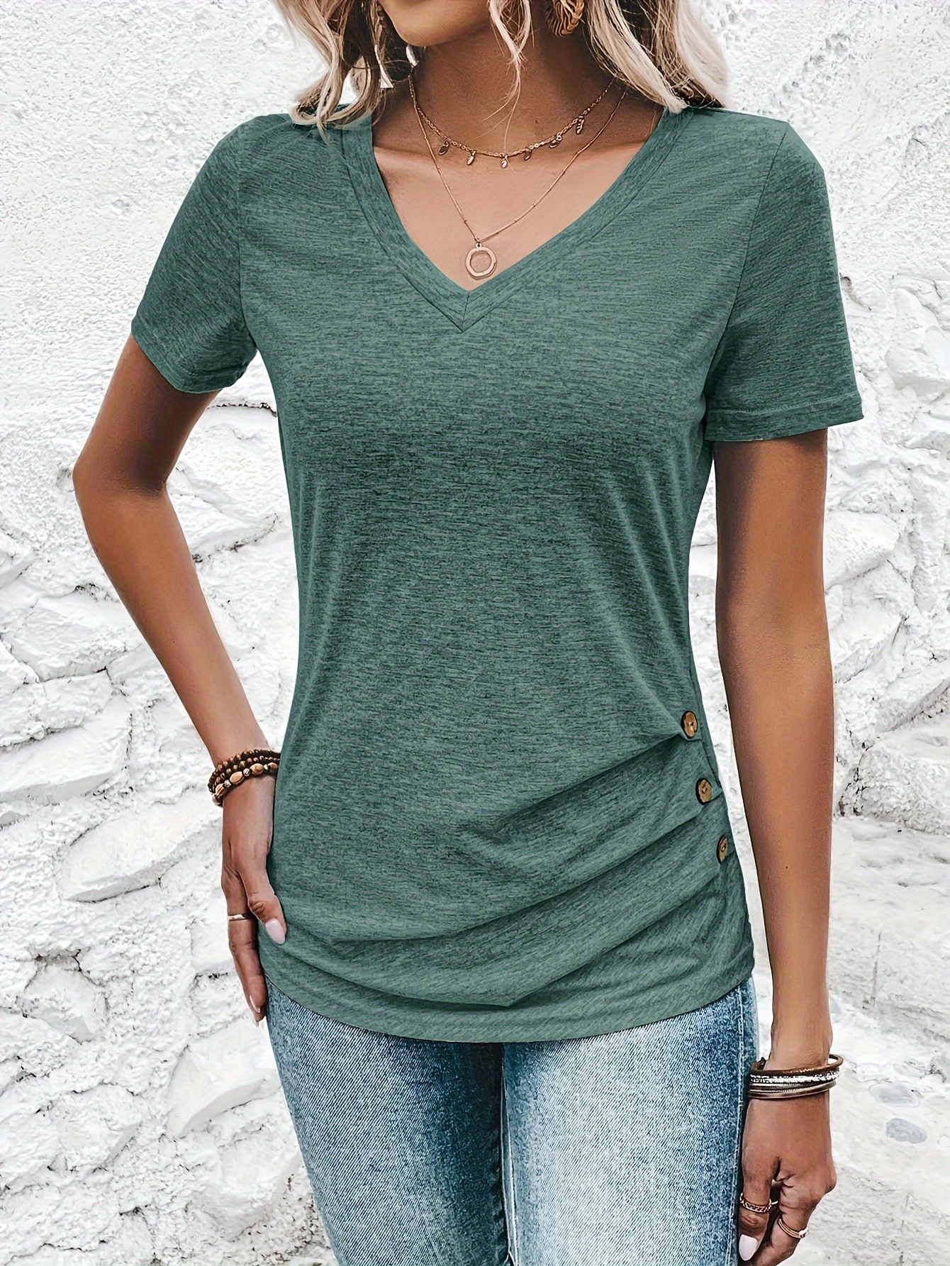 Women's Elegant Casual V-Neck Button-Front T-Shirt