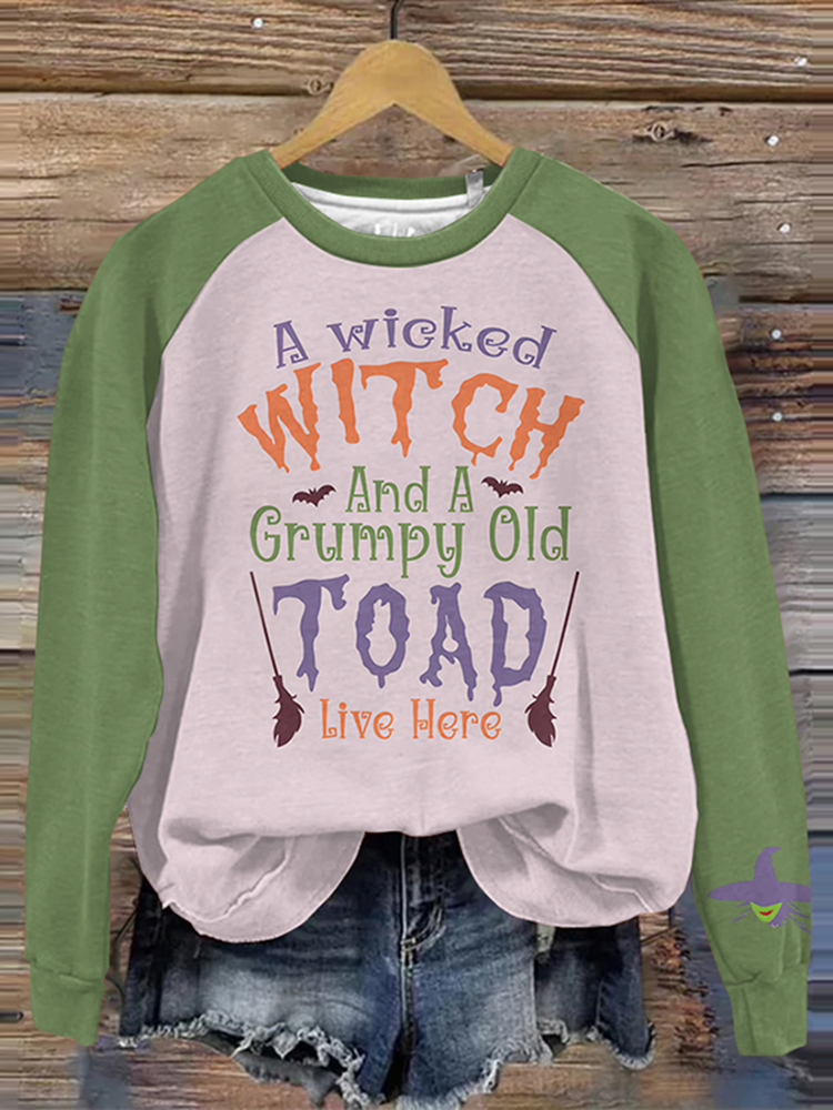 Witch And A Grumpy Old Toad Live Here Printed Casual Hoodie