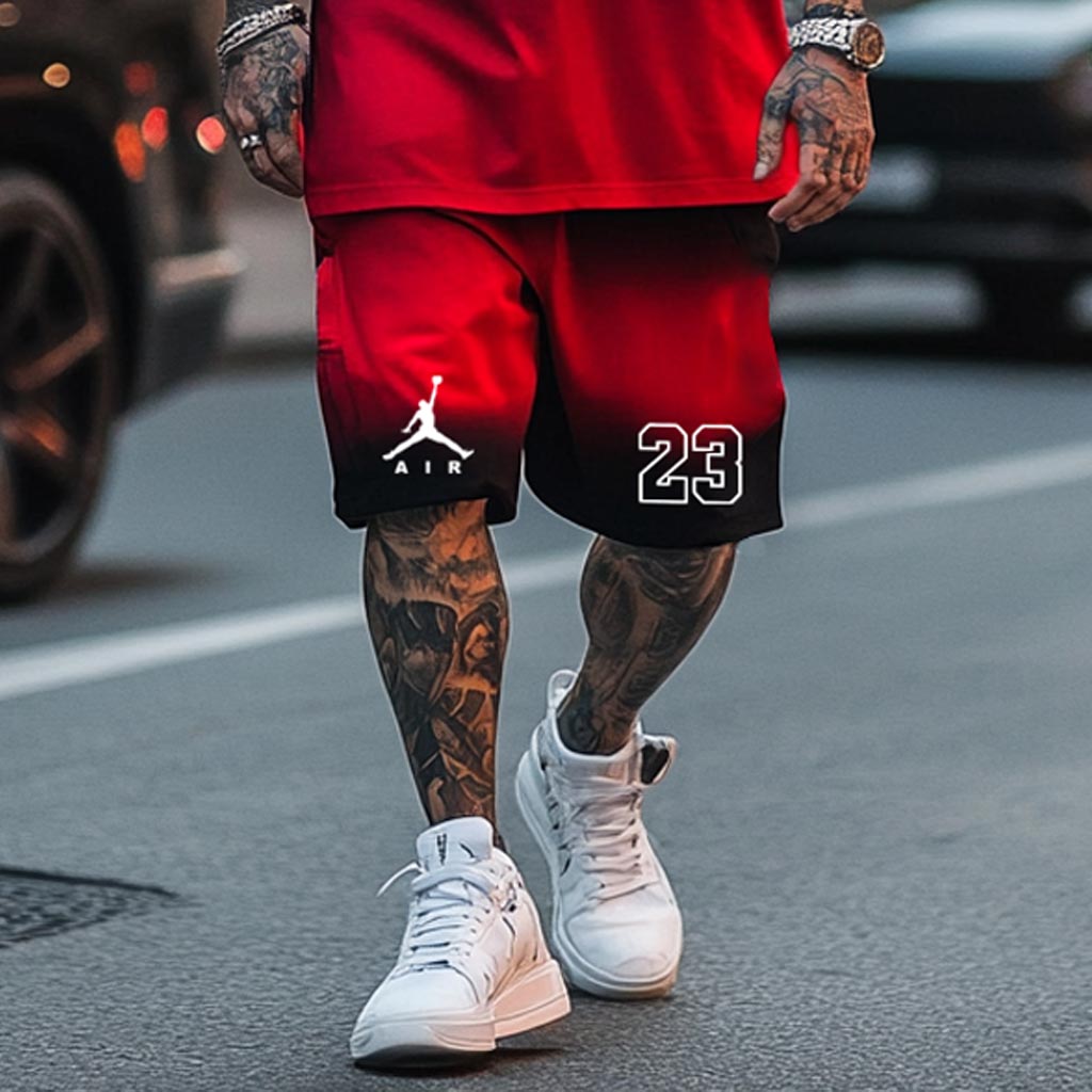 Unisex Black Red Gradient Basketball Print Oversized Streetwear Short-Sleeved T-shirt And Shorts Set