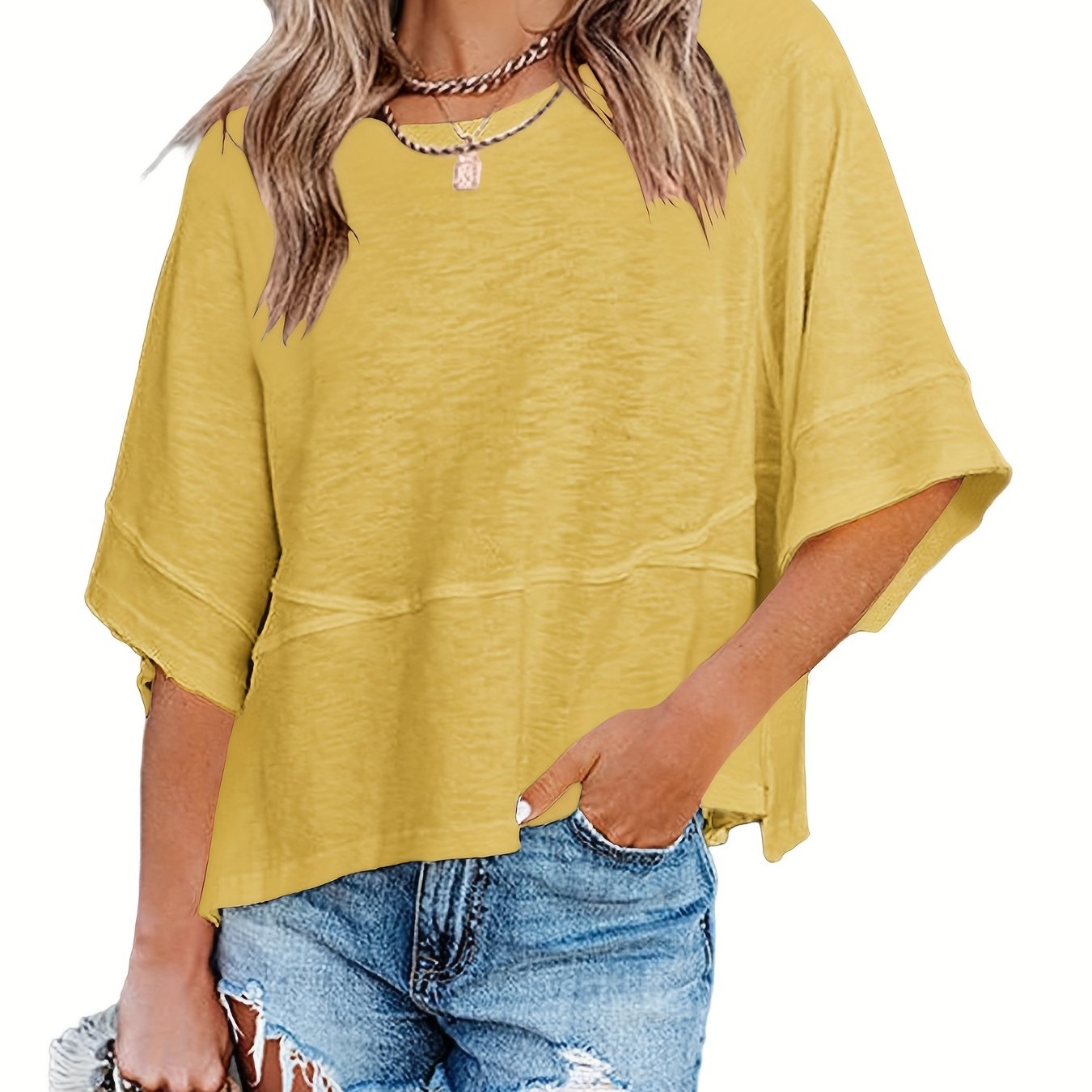 Solid Crew Neck Loose Basic T-shirt Casual Half Sleeve Spring