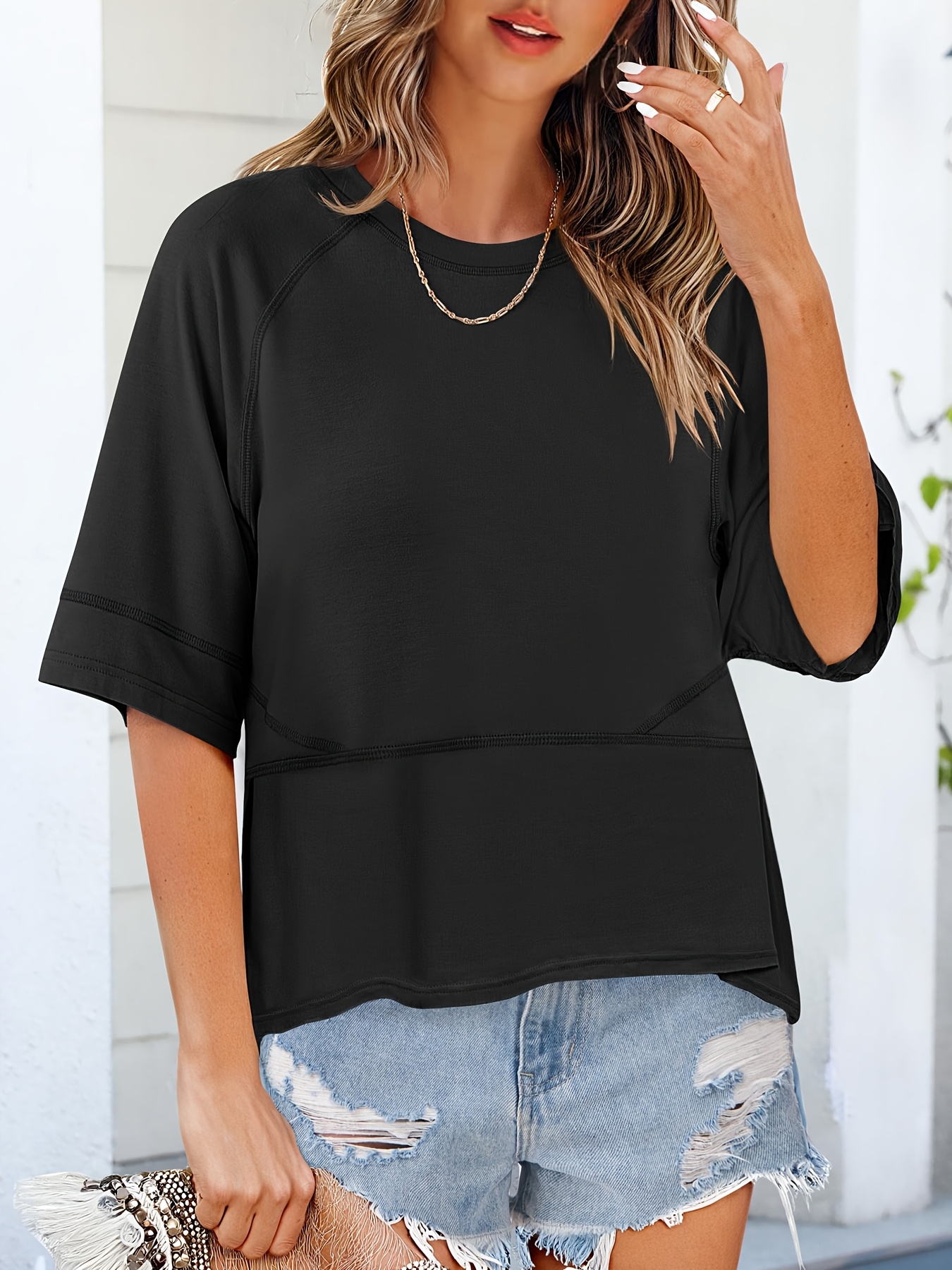 Solid Crew Neck Loose Basic T-shirt Casual Half Sleeve Spring