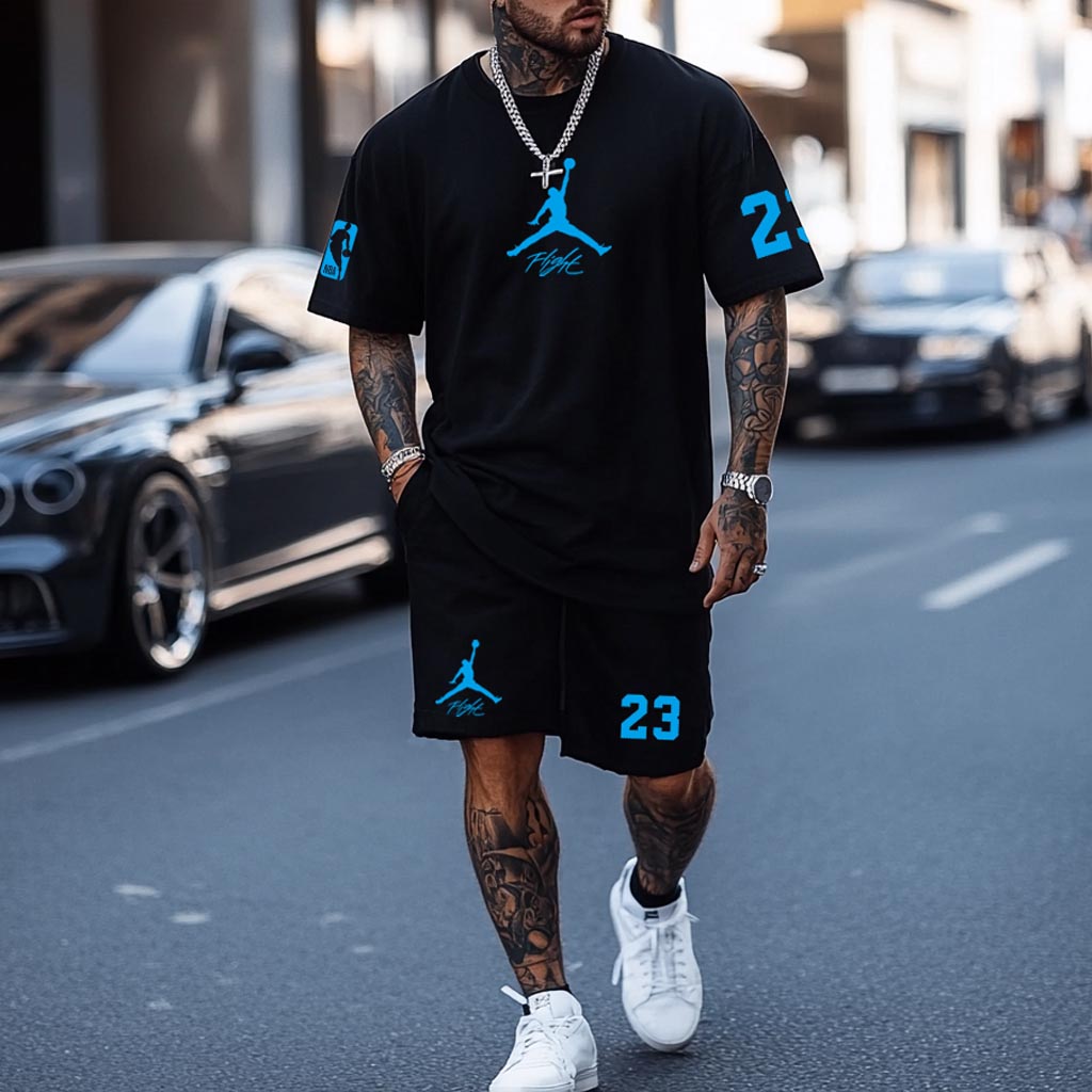 Unisex Basketball Print Oversized Streetwear Black Short-Sleeved T-shirt And Shorts Set