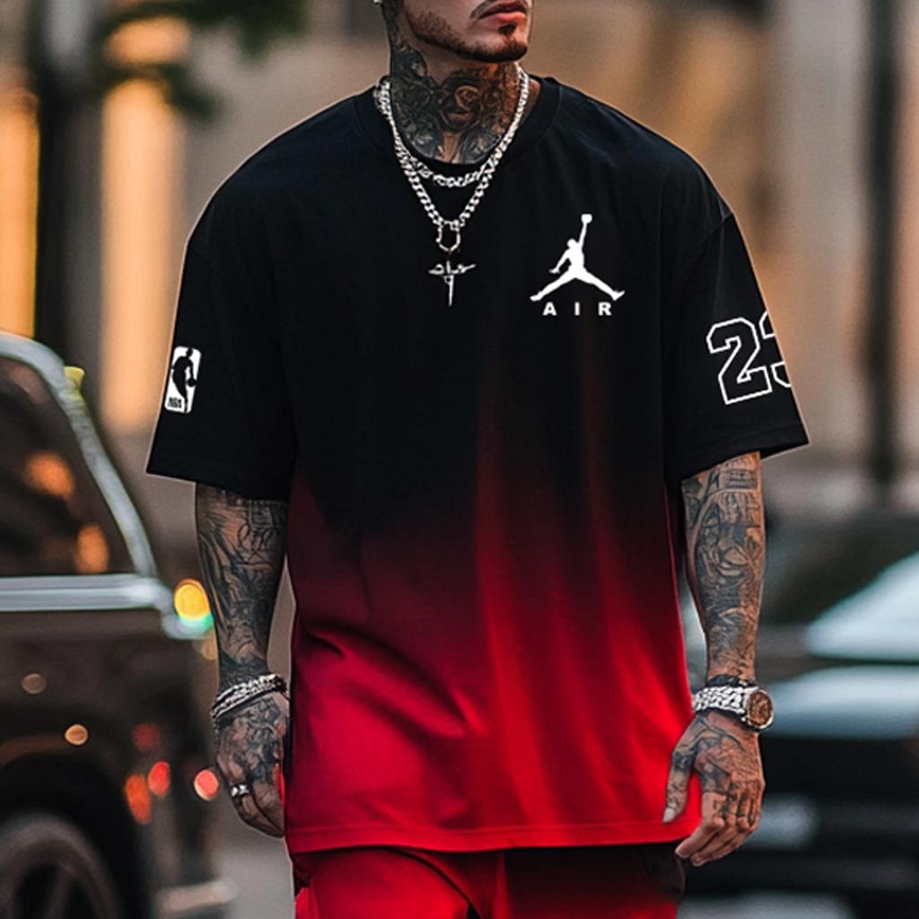 Unisex Black Red Gradient Basketball Print Oversized Streetwear Short-Sleeved T-shirt And Shorts Set