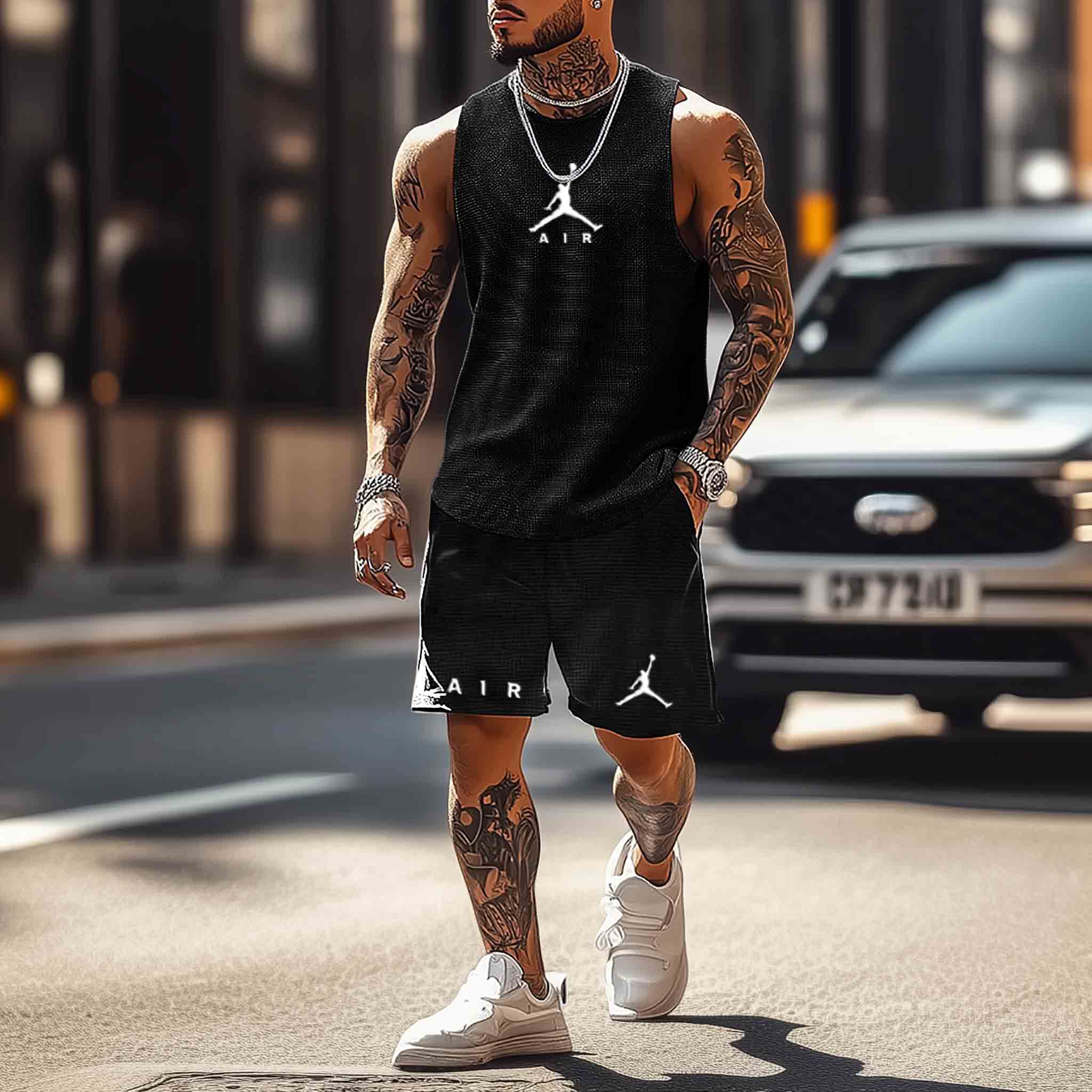 Unisex Waffle Knit Basketball Print Streetwear Black Sleeveless Tank Top And Shorts Set