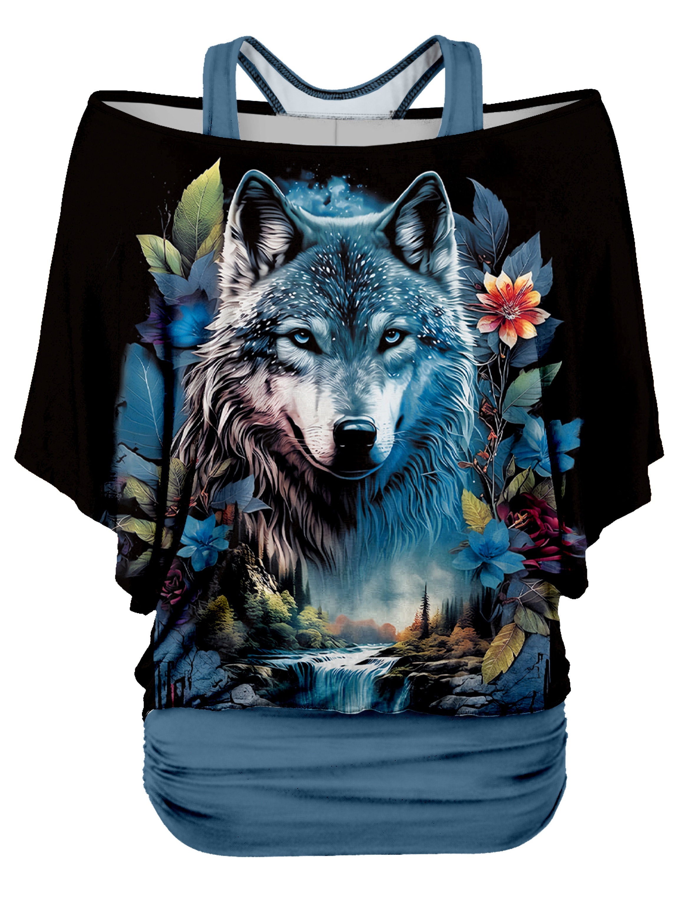 Women's Wolf Flower Art Design Fake Two-Piece Set Off-the-Shoulder Top