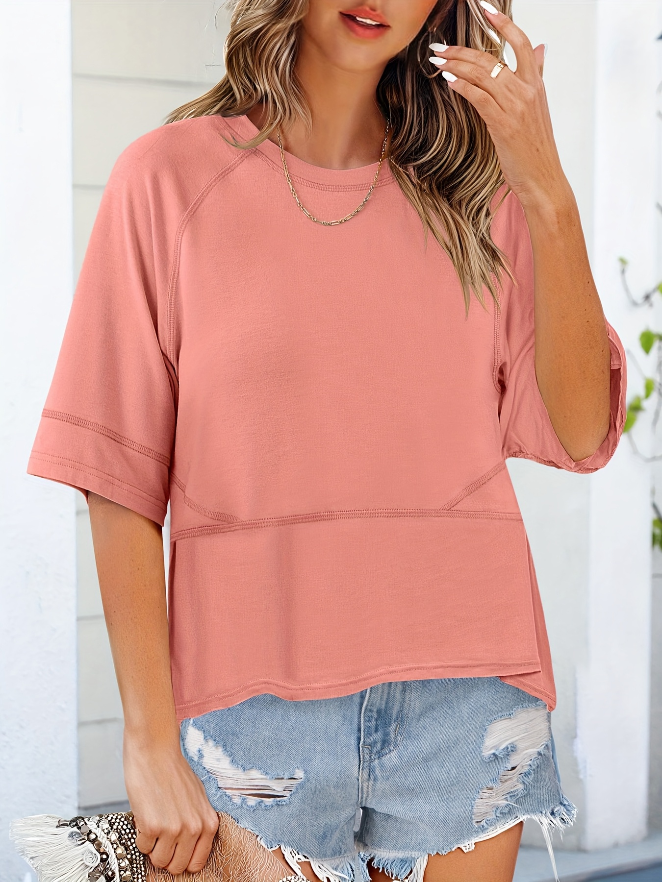 Solid Crew Neck Loose Basic T-shirt Casual Half Sleeve Spring