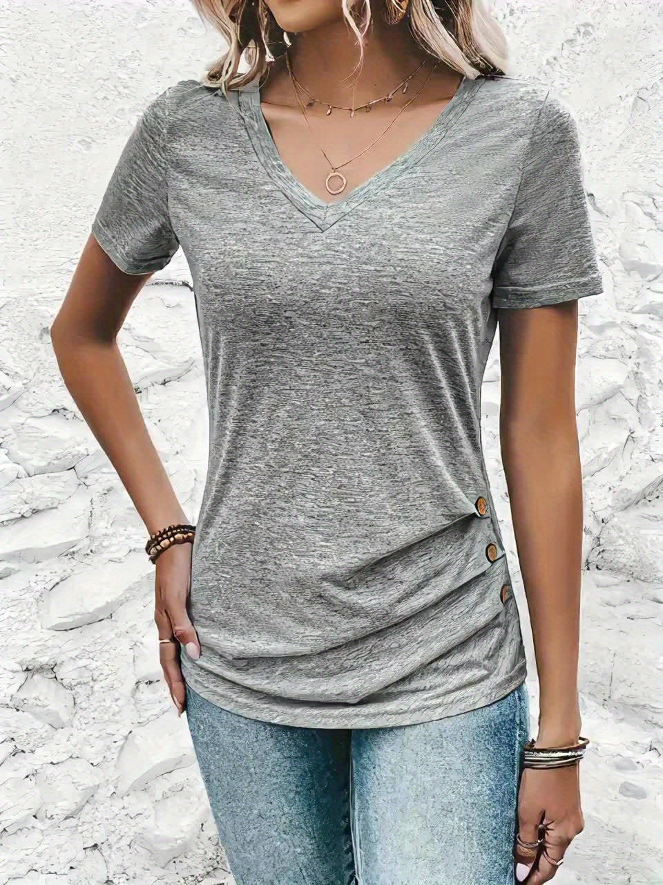 Women's Elegant Casual V-Neck Button-Front T-Shirt