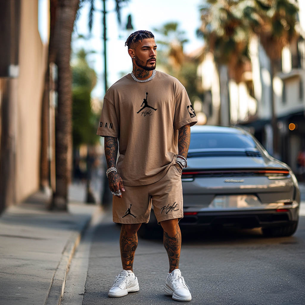 Unisex Basketball Flight Print Oversized Streetwear Khaki Short-Sleeved T-shirt And Shorts Set