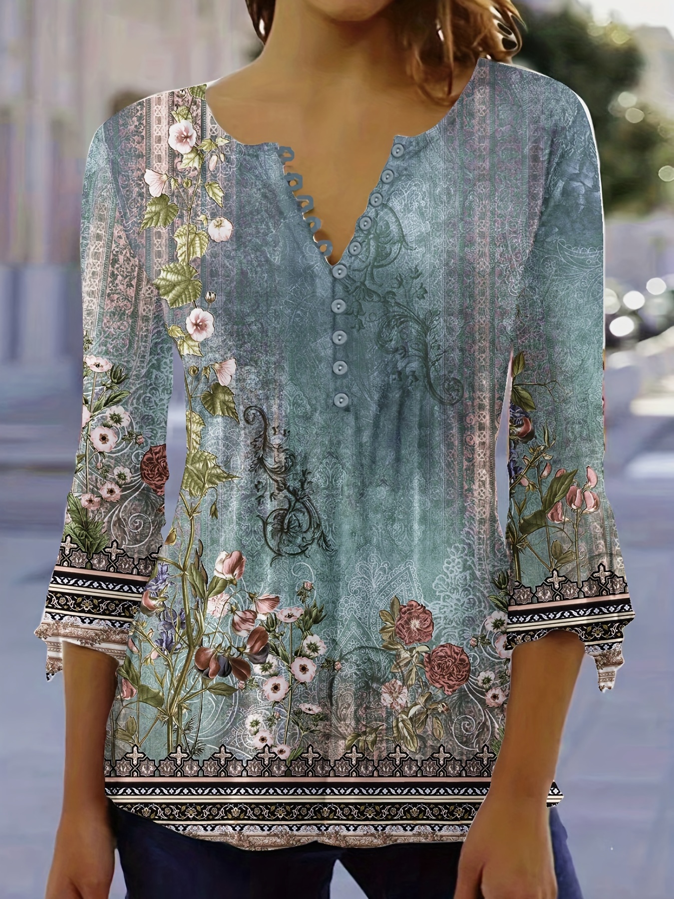 Women's Floral Print Button Front V-Neck T-Shirt with Flutter Sleeves