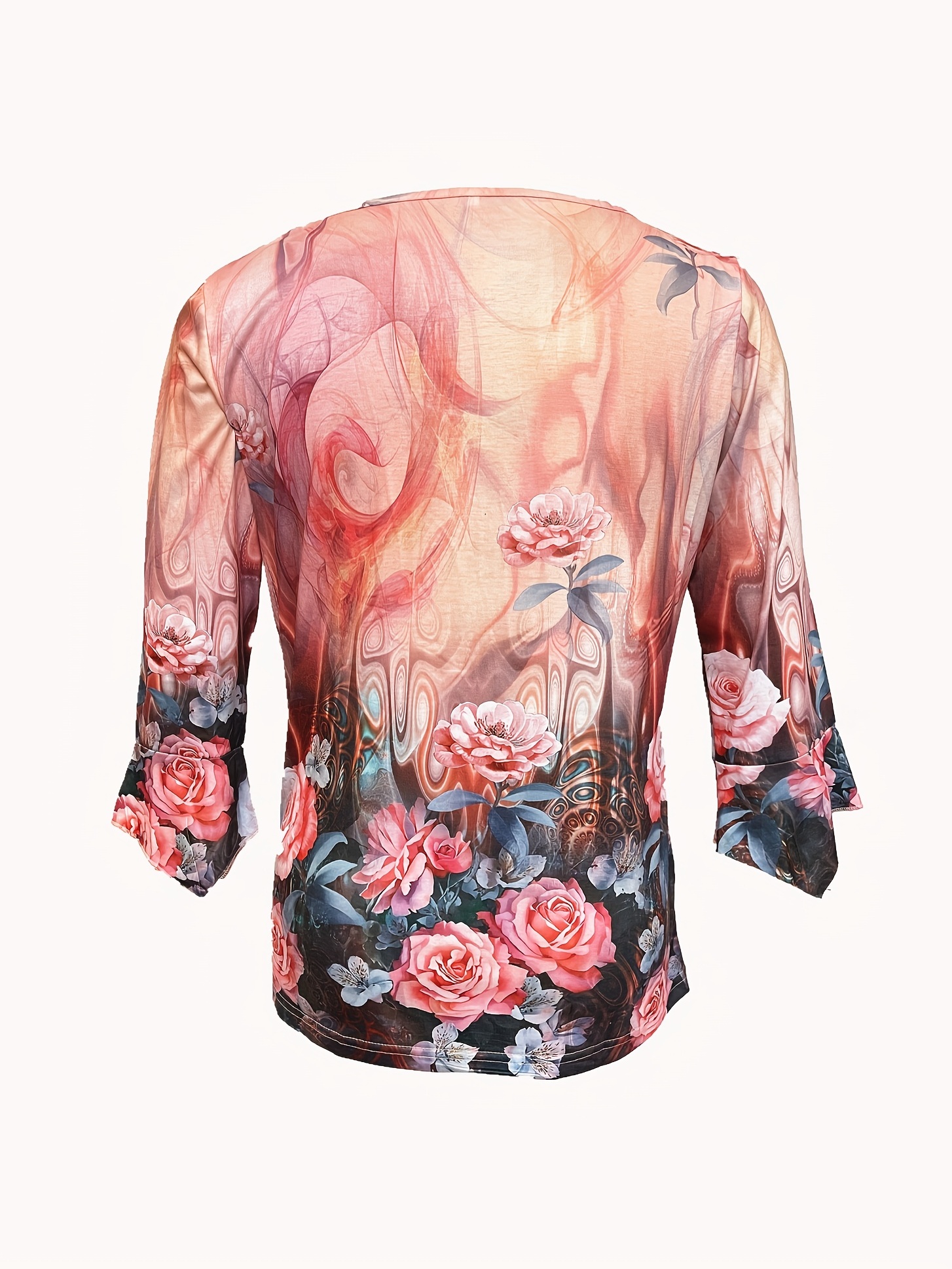 Women's Floral Print Button Front V-Neck T-Shirt with Flutter Sleeves