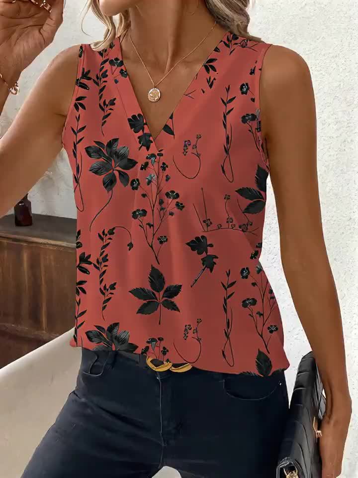 Peach and Black Floral Print Women's Elegant V Neck Sleeveless Top