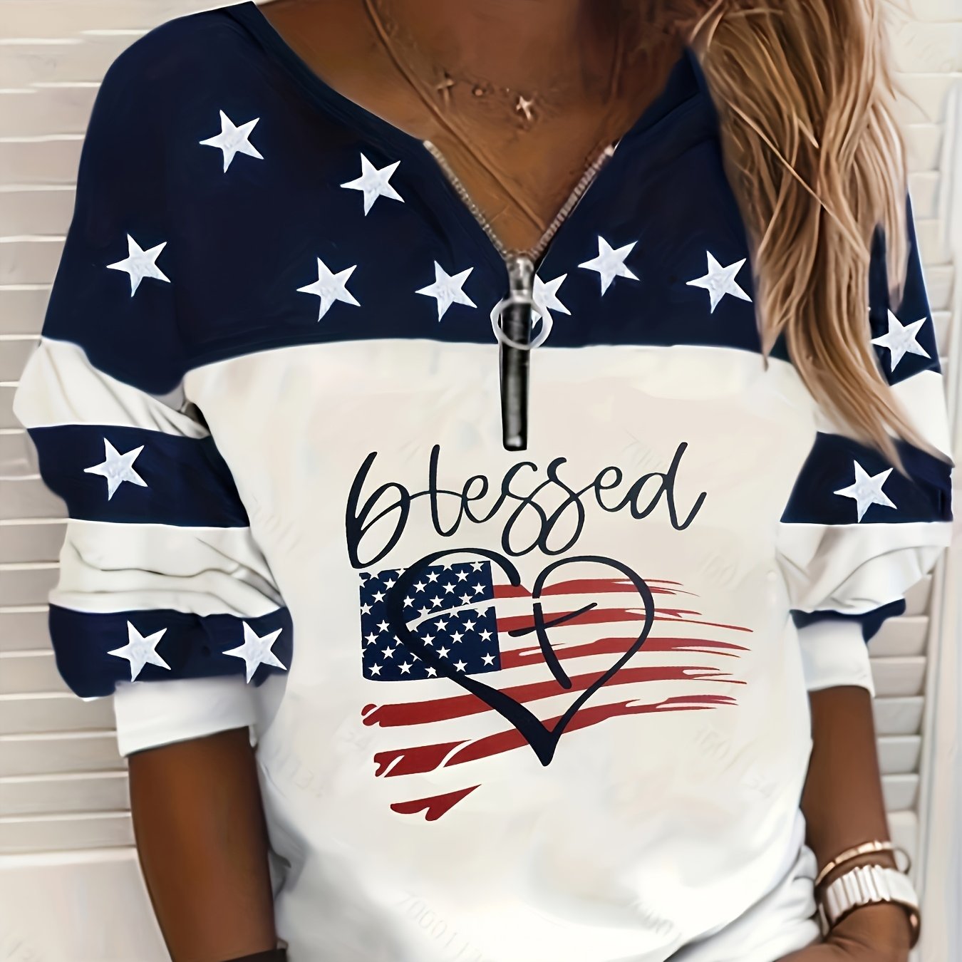 American Flag Printed Pullover Sweatshirt, Casual Long Sleeved Zipper Sweatshirt For Autumn And Winter, Women'S Clothing
