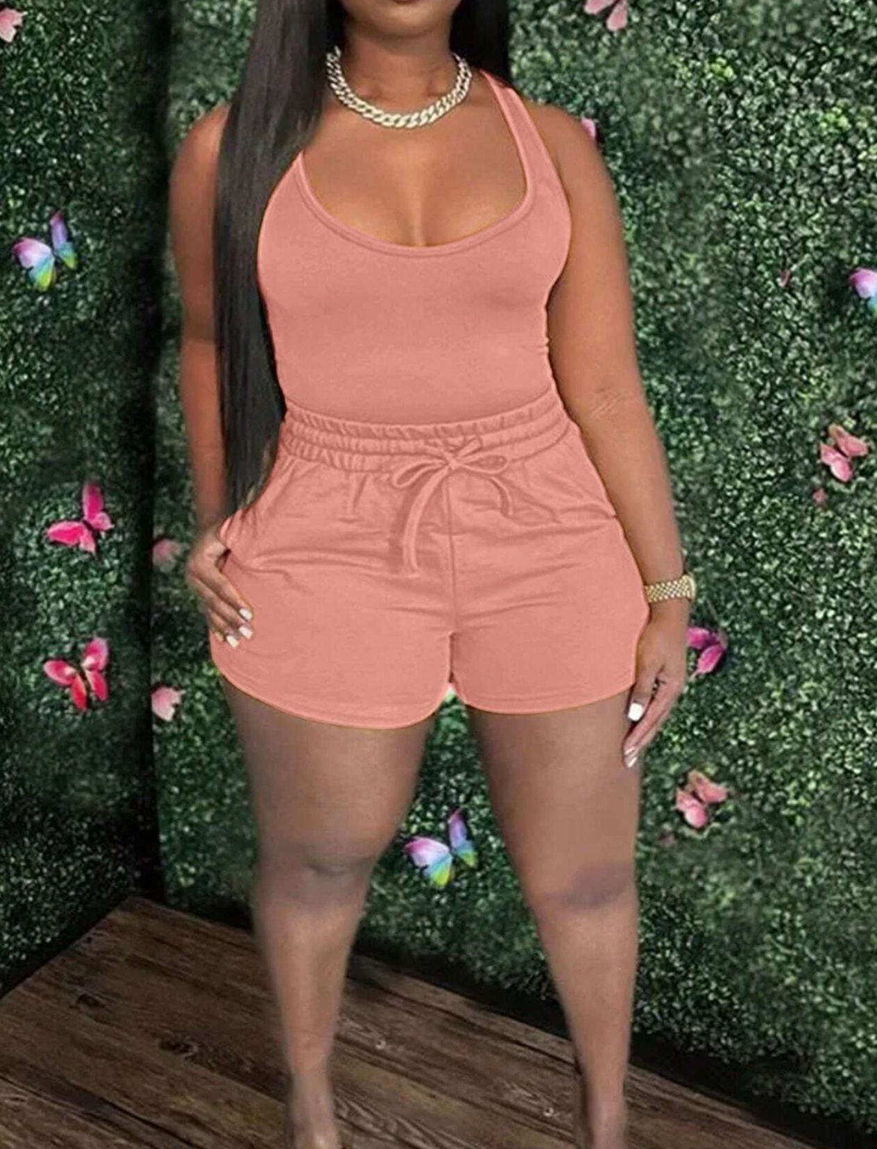 Women's Summer U-Neck Cropped Tank Top And Drawstring Pocket Shorts Set Outfits