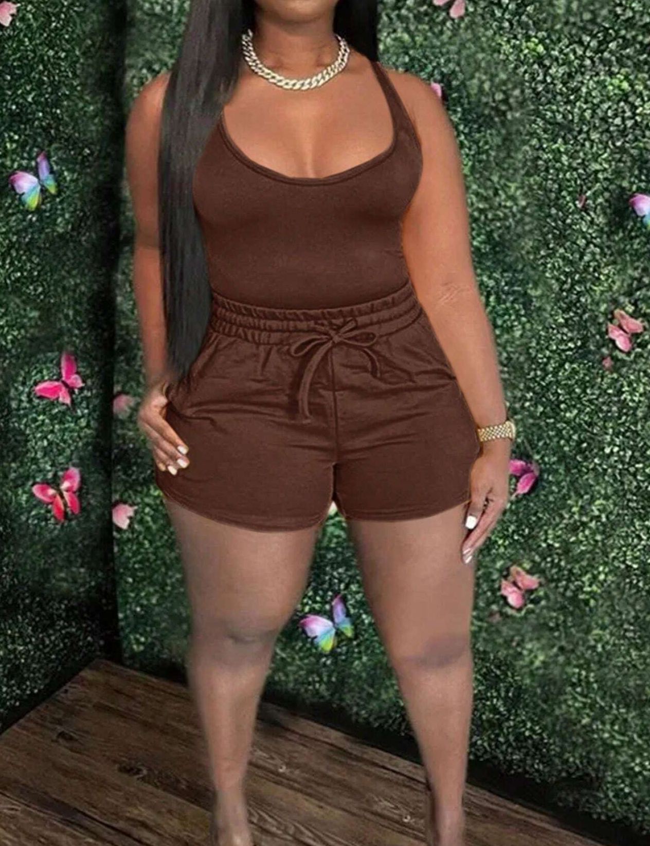 Women's Summer U-Neck Cropped Tank Top And Drawstring Pocket Shorts Set Outfits