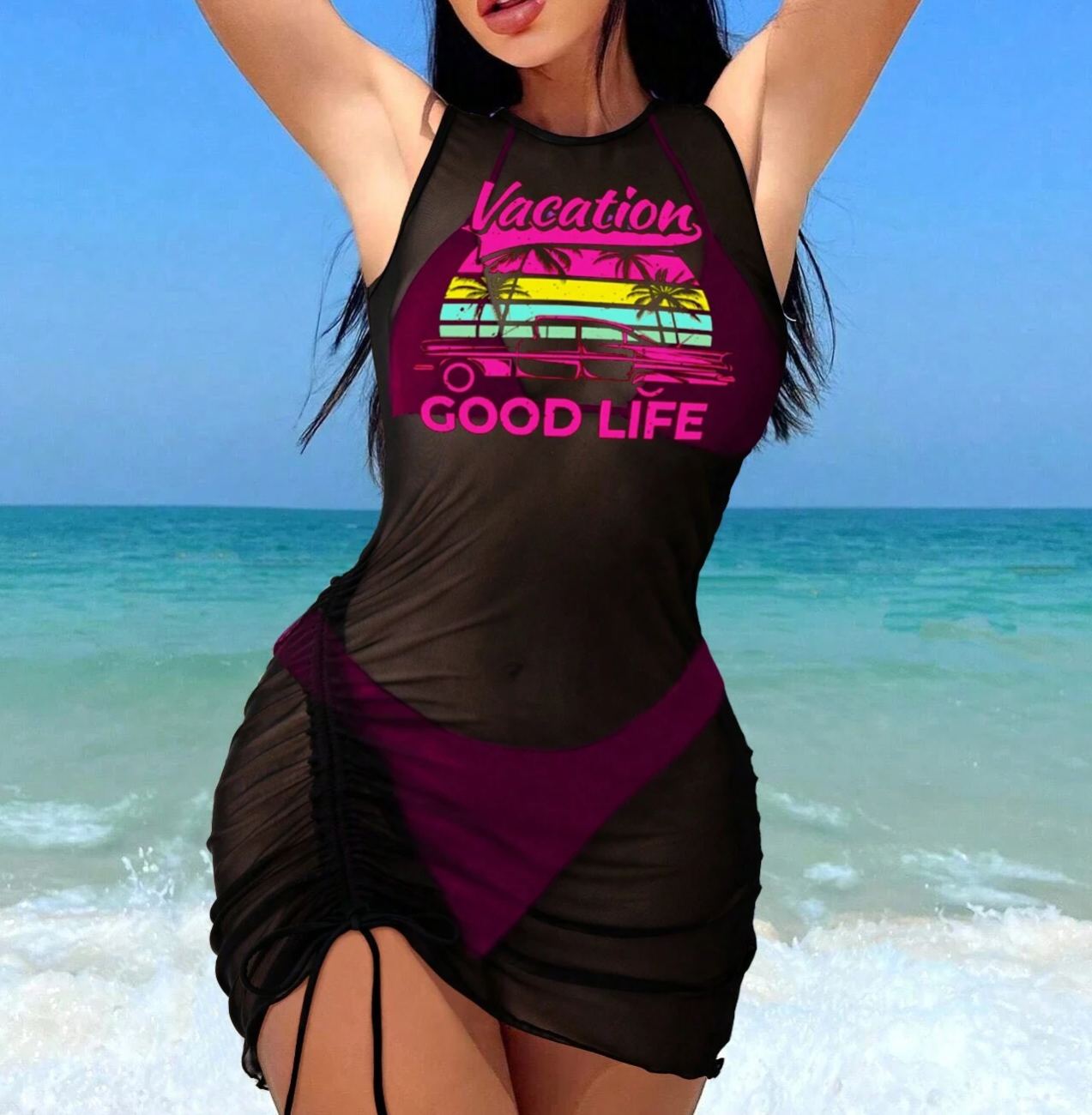 Women Beach Print Cover-Up, Bra And Briefs Bikini Set 