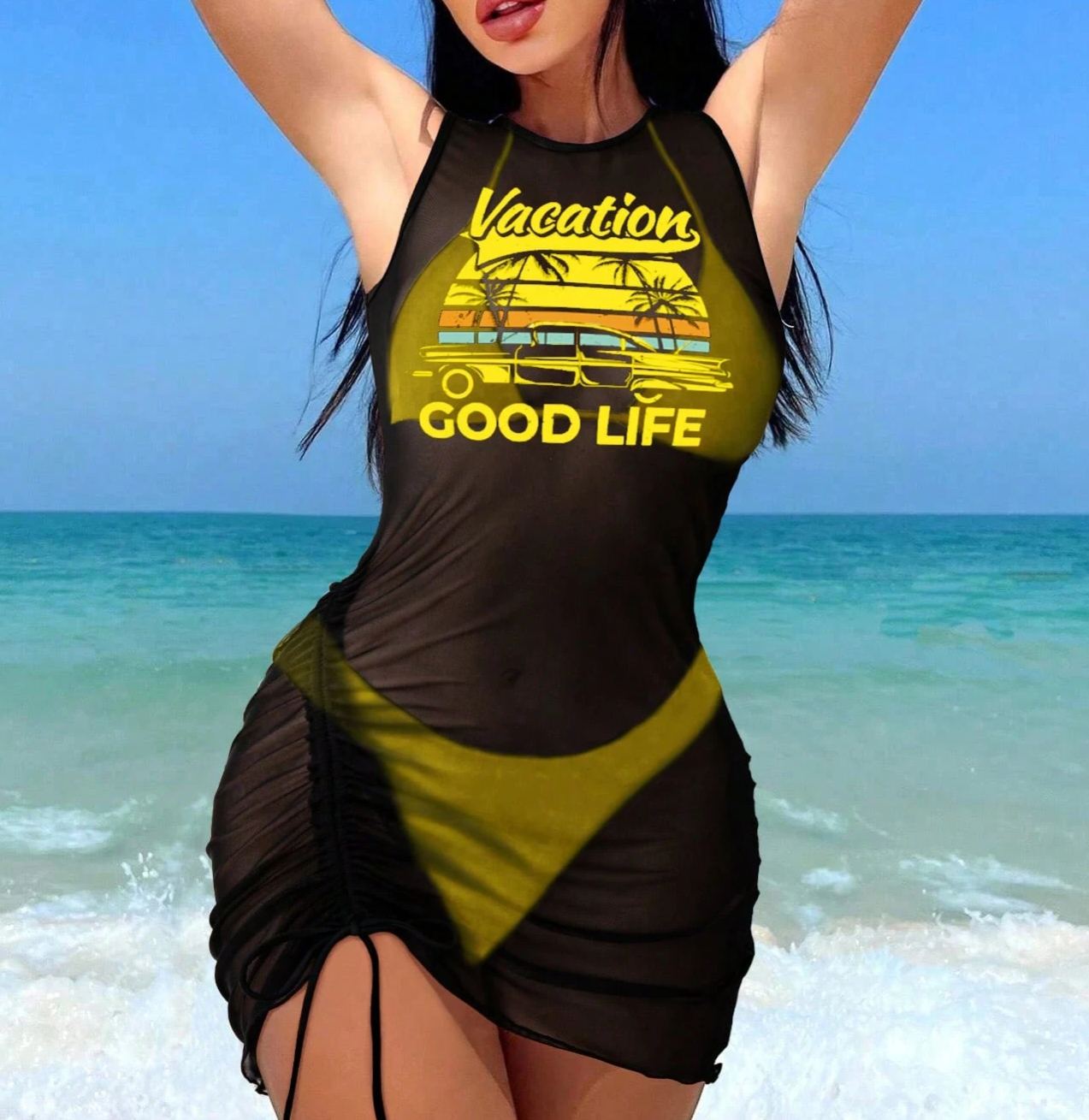 Women Beach Print Cover-Up, Bra And Briefs Bikini Set 