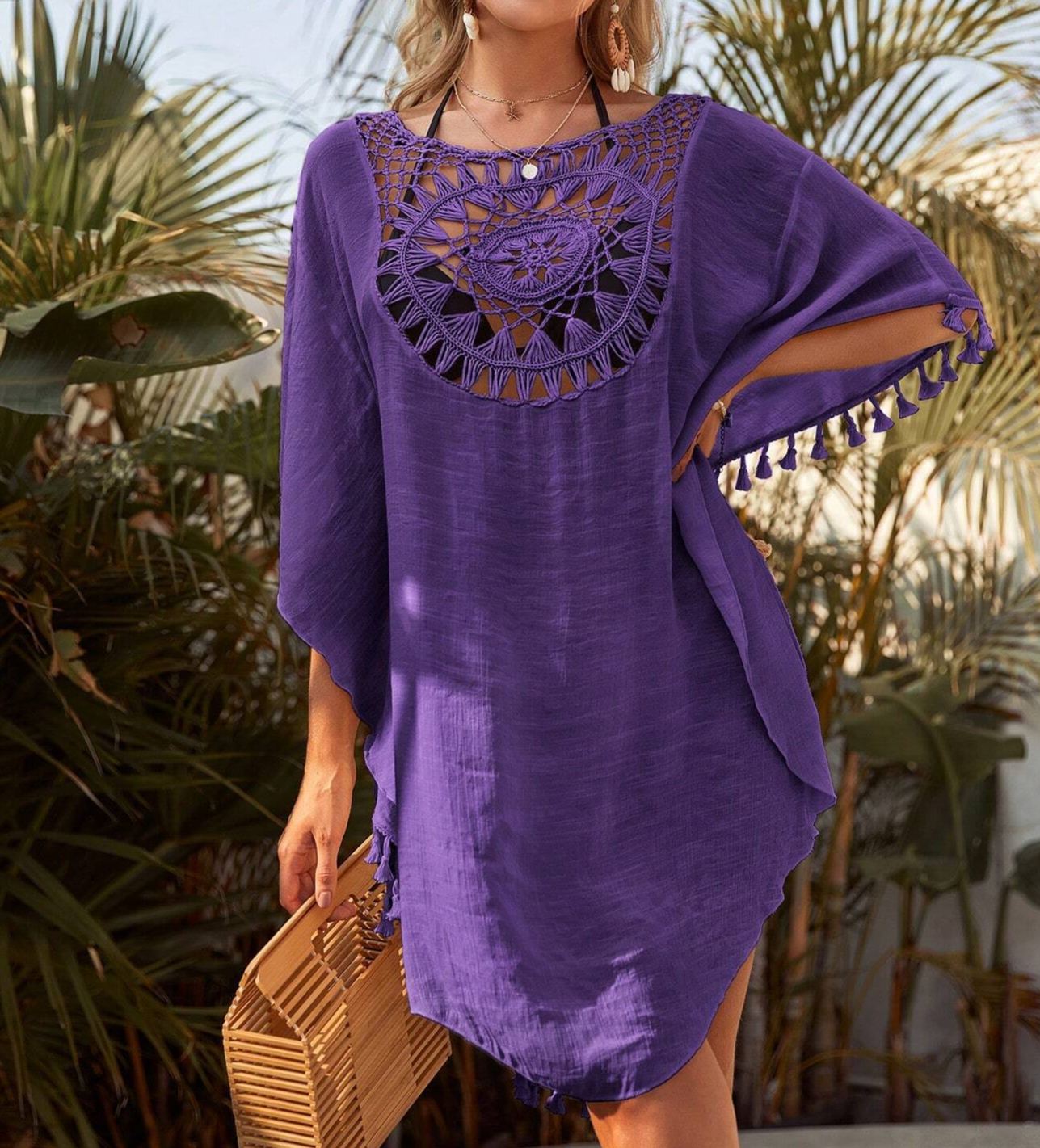 Beach Dresses For Women Loose Round Neck Cover-Up Dress With Hollow Out Tassel Trim