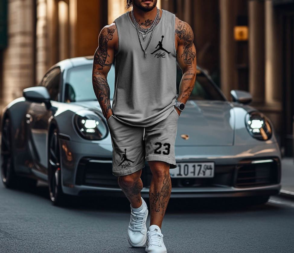 Unisex Basketball Flight Print Streetwear Gray Tank Top And Shorts Set