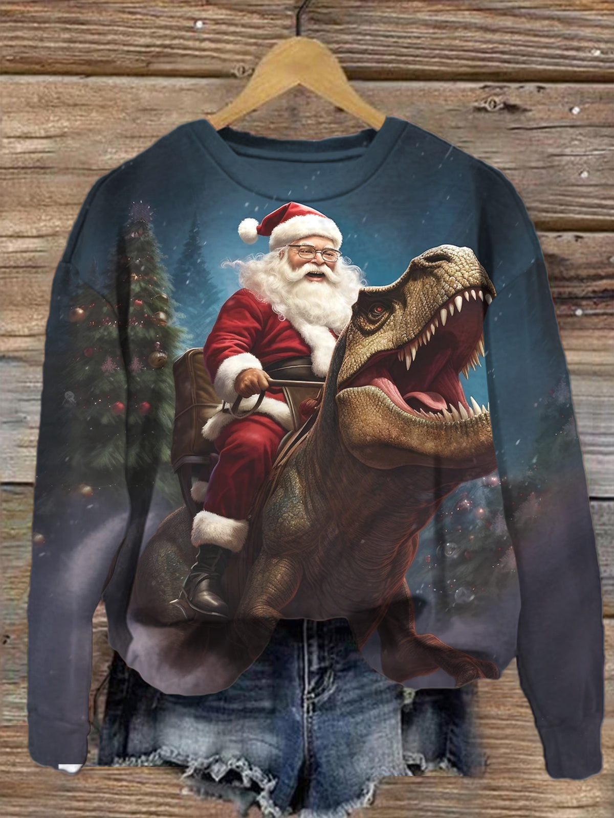 Funny Santa Claus Riding a T-Rex Dinosaur Printed Sweatshirt