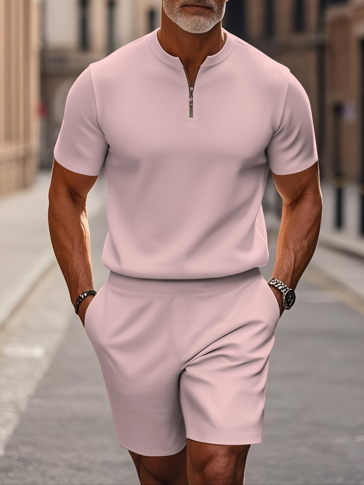 Men's fashion casual round-neck zipper geometric printed short-sleeved two-piece set