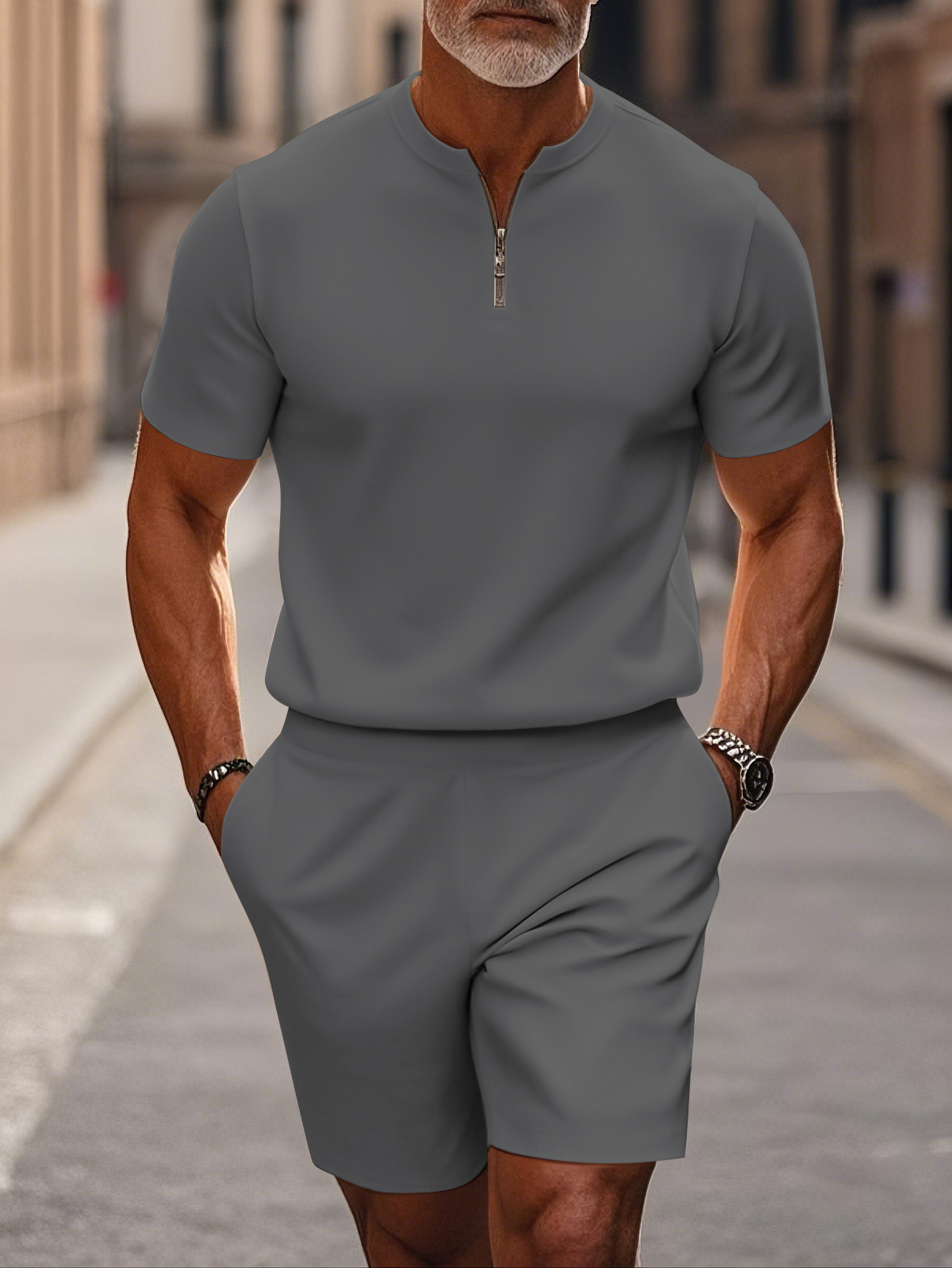 Men's fashion casual round-neck zipper geometric printed short-sleeved two-piece set