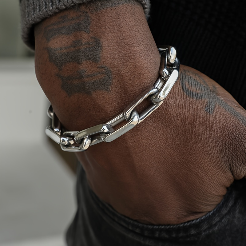 Edgy Rectangular Titanium Steel Punk Hip-Hop Style Interlocking Bracelet - Durable, Hypoallergenic, and Water-Resistant for Daily Wear