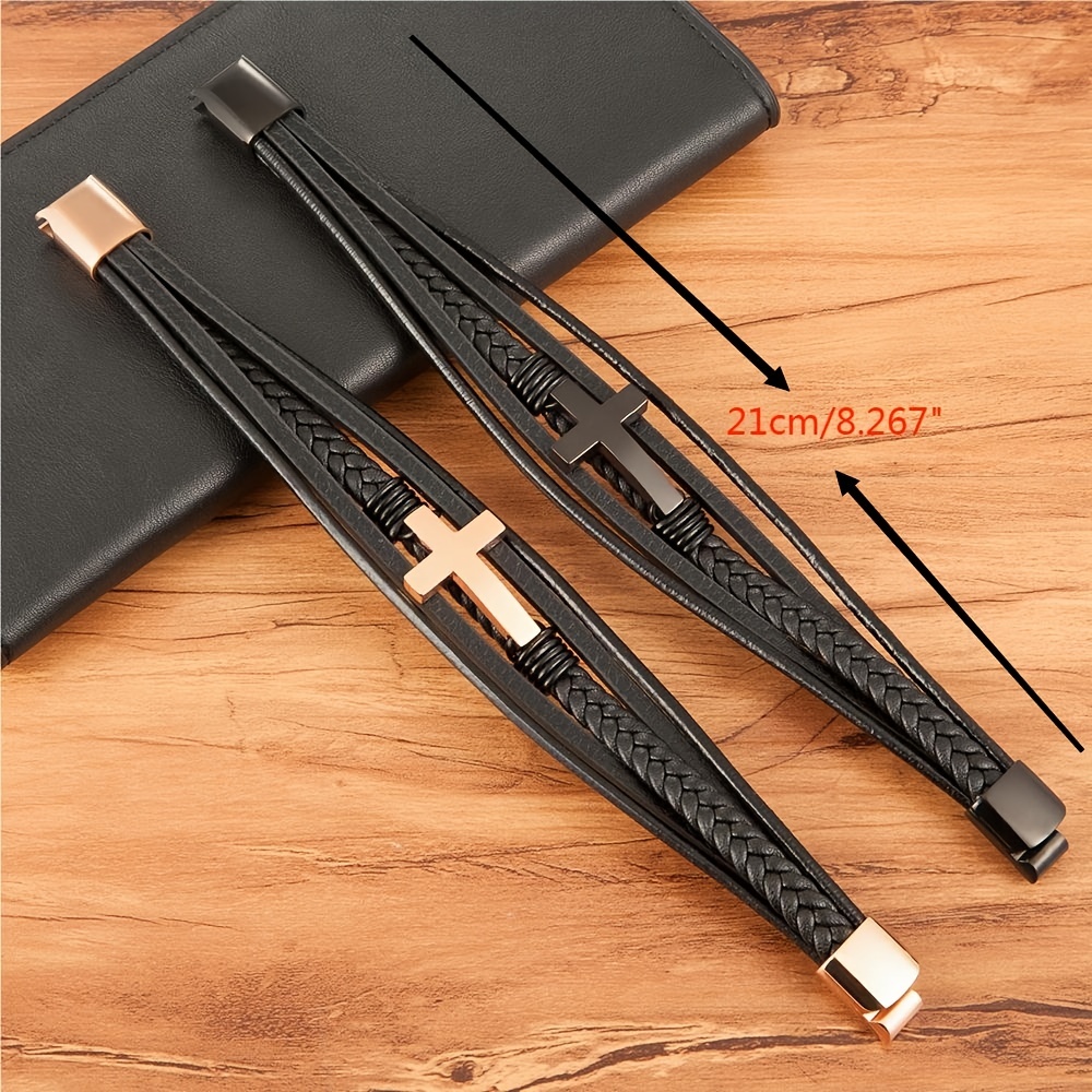 Luxury Multicolor Cross Design Classic Stainless Steel Men's PU Leather Bracelet