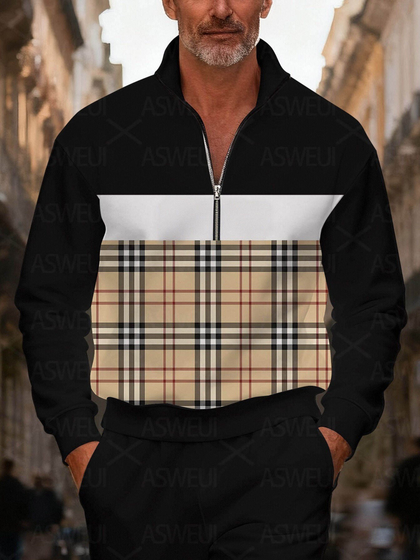 Men's fashionable black geometric print zipper long-sleeved two-piece set