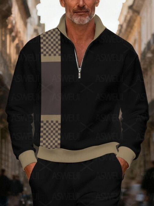 Men's fashionable casual black printed zipper long-sleeved two-piece set