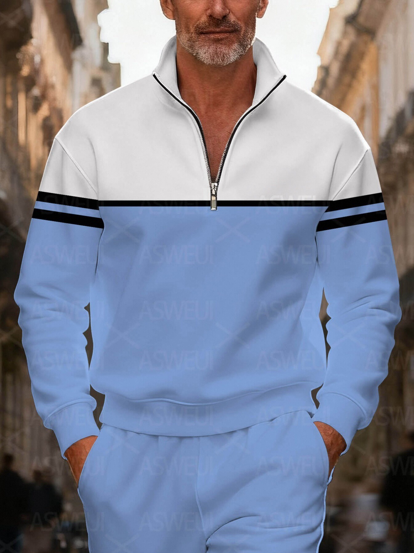 Men's fashionable casual blue and white printed zipper long-sleeved two-piece set