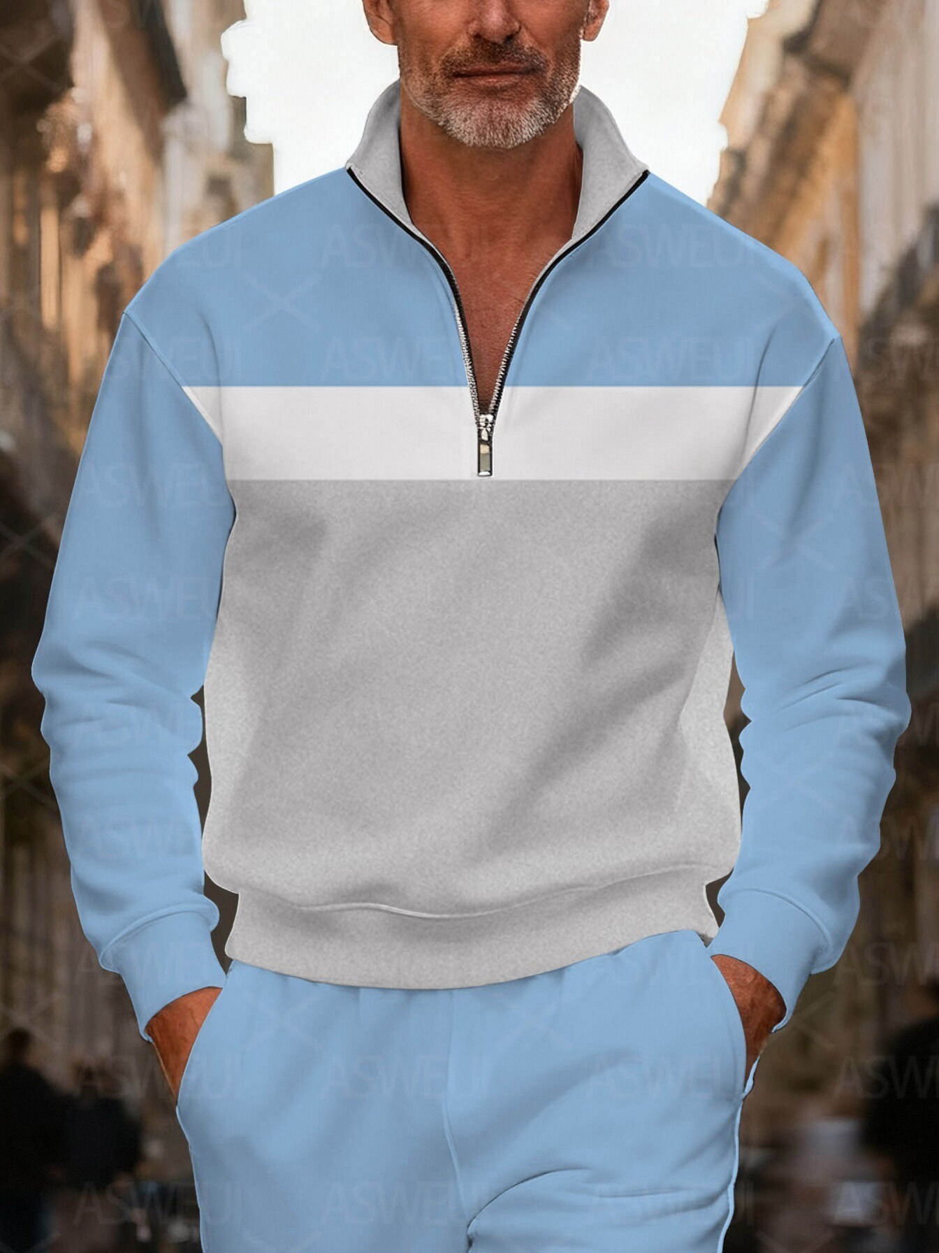 Men's fashionable casual multi-color printed zipper long-sleeved two-piece set