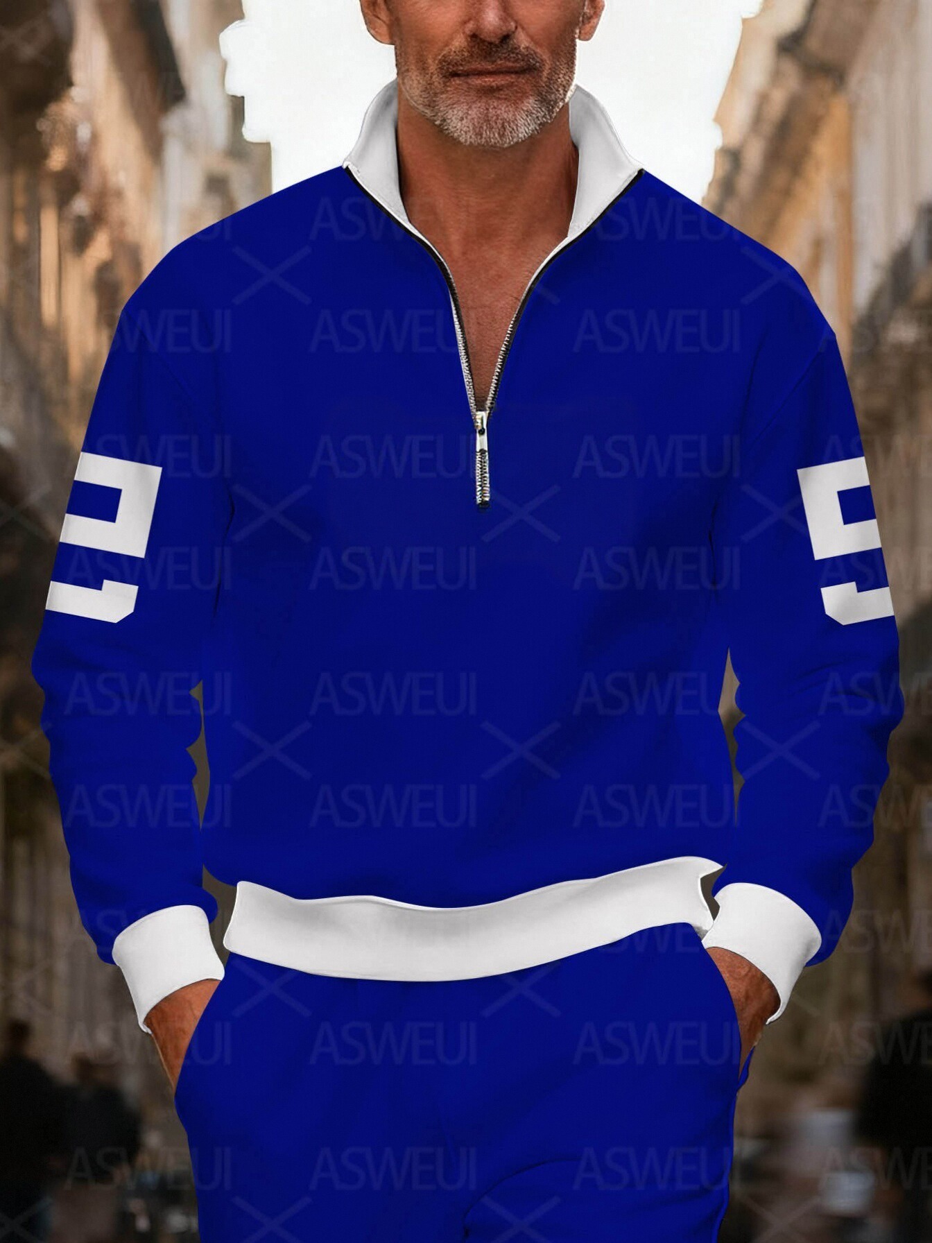Men's fashionable casual blue printed zipper long-sleeved two-piece set
