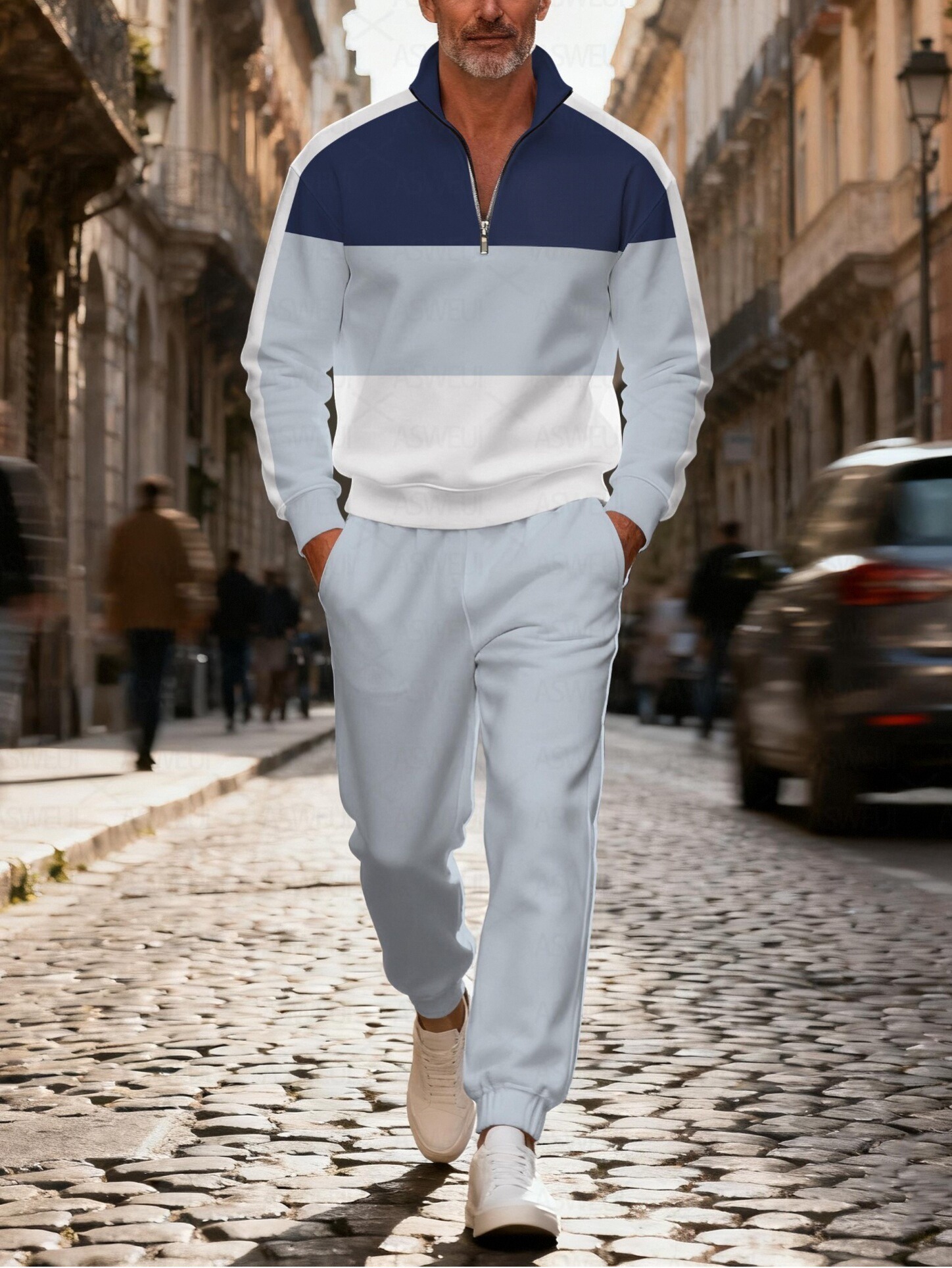 Men's casual fashionable blue-striped button-down long-sleeved two-piece set