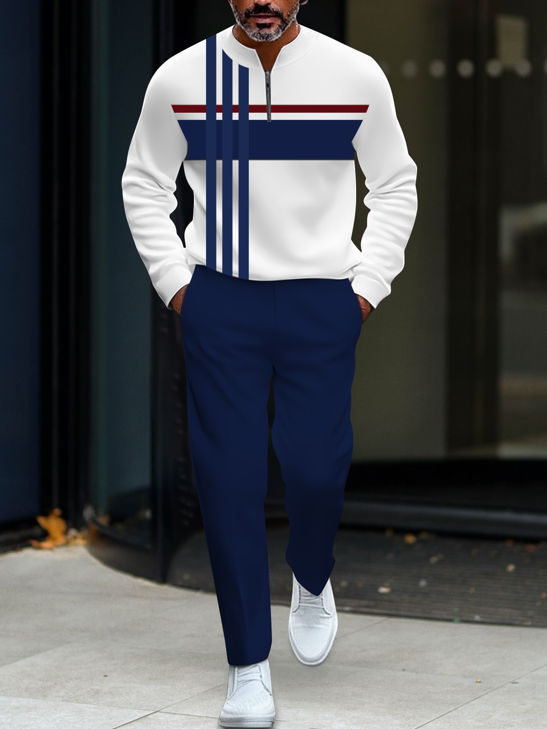 Men's fashionable casual round-neck zipper long-sleeve two-piece set