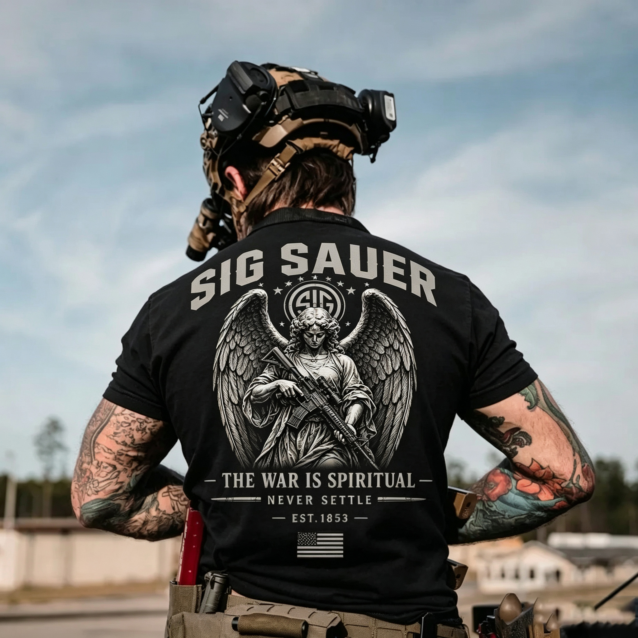 The War Is Spiritual NEVER SETTLE Angel Statue Cotton Print Men's T-shirt