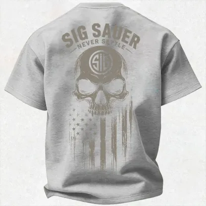 SIG NEVER SETTLE Stars and Stripes Logo Skull Print Men's T-shirt