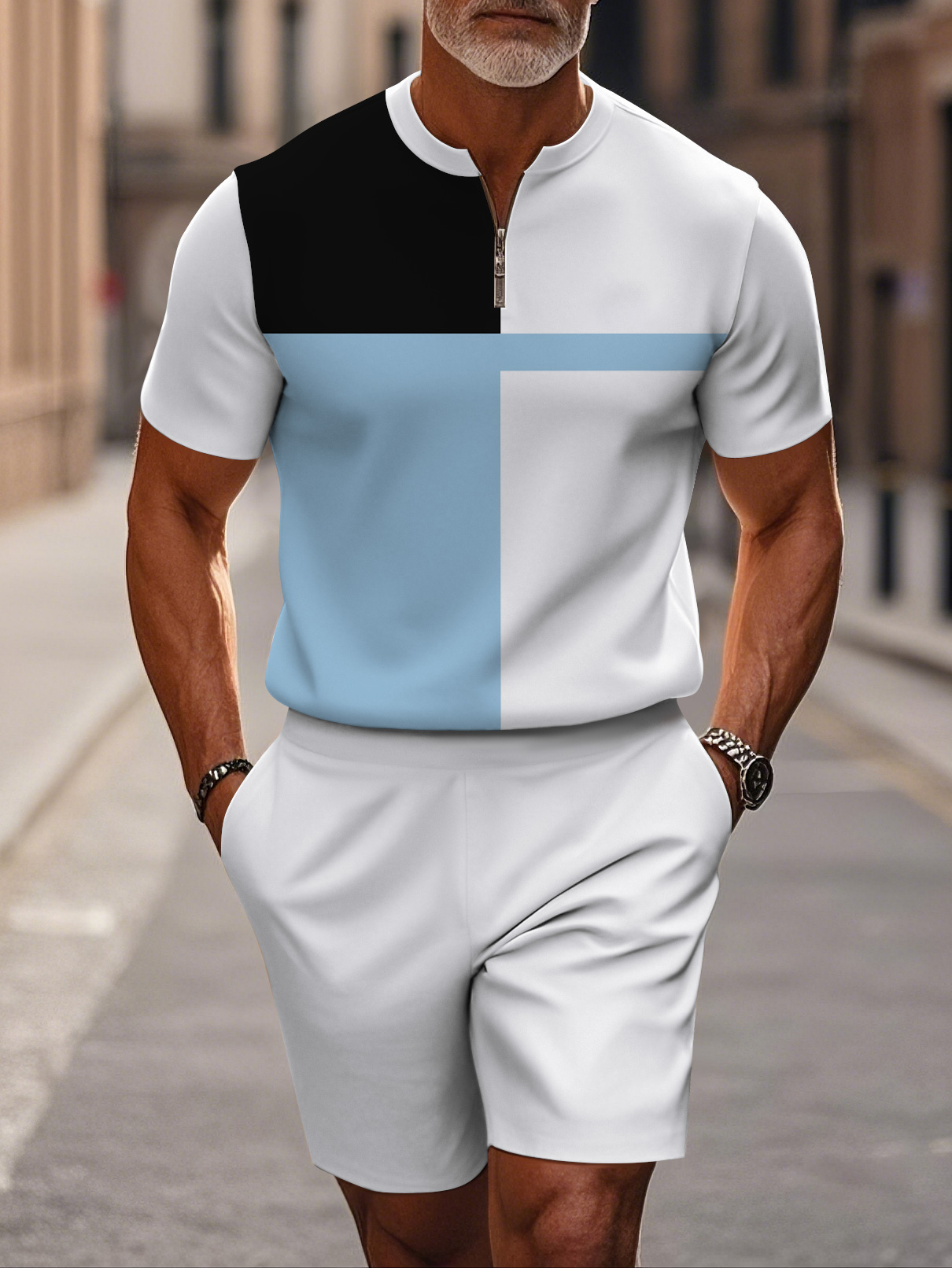 Men's fashion casual round-neck zipper geometric printed short-sleeved two-piece set