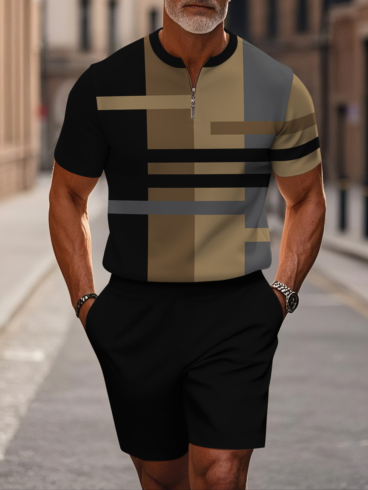 Men's fashion casual round-neck zipper geometric printed short-sleeved two-piece set