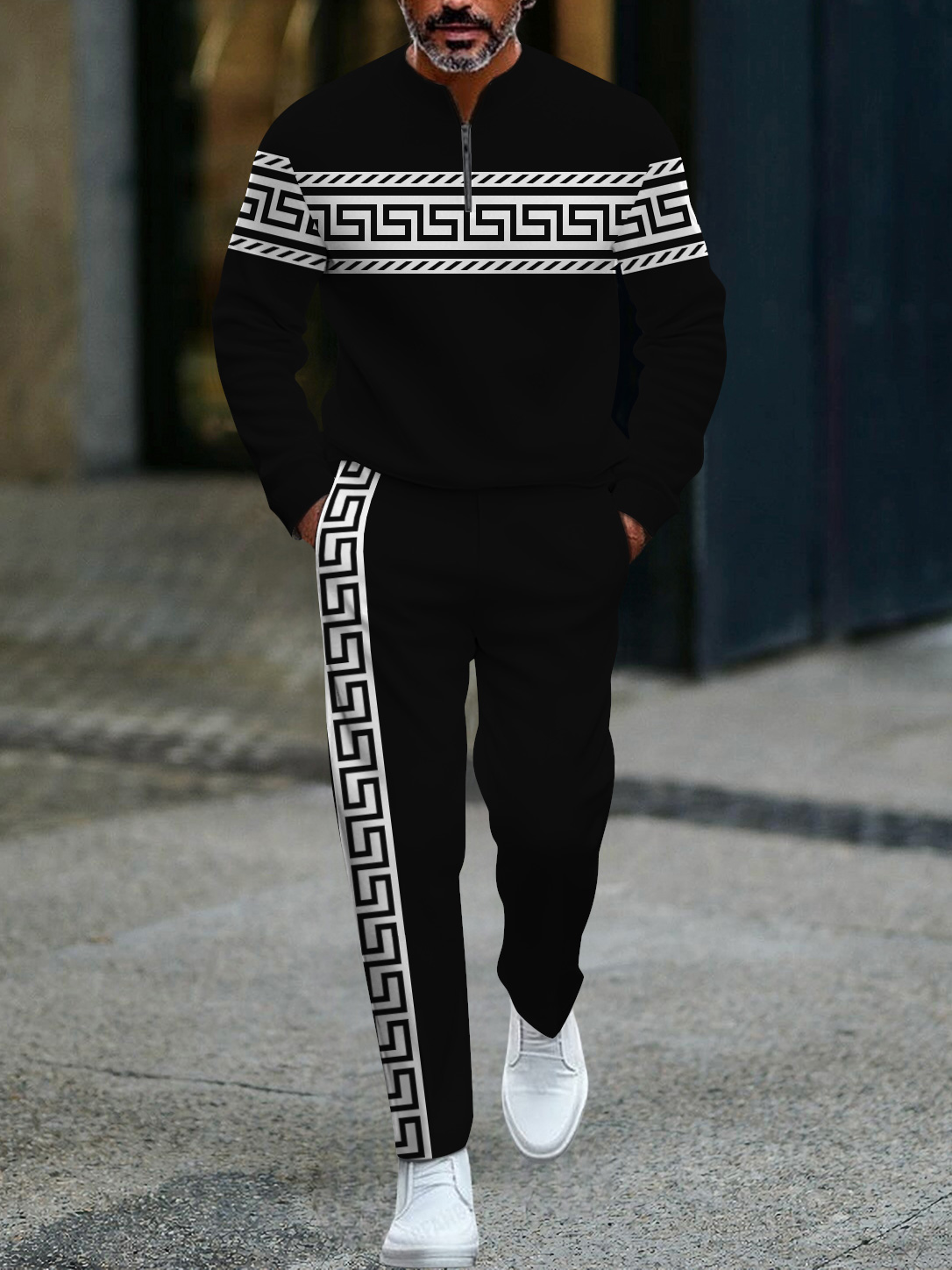 Men's fashion casual geometric print long sleeve zipper two-piece set