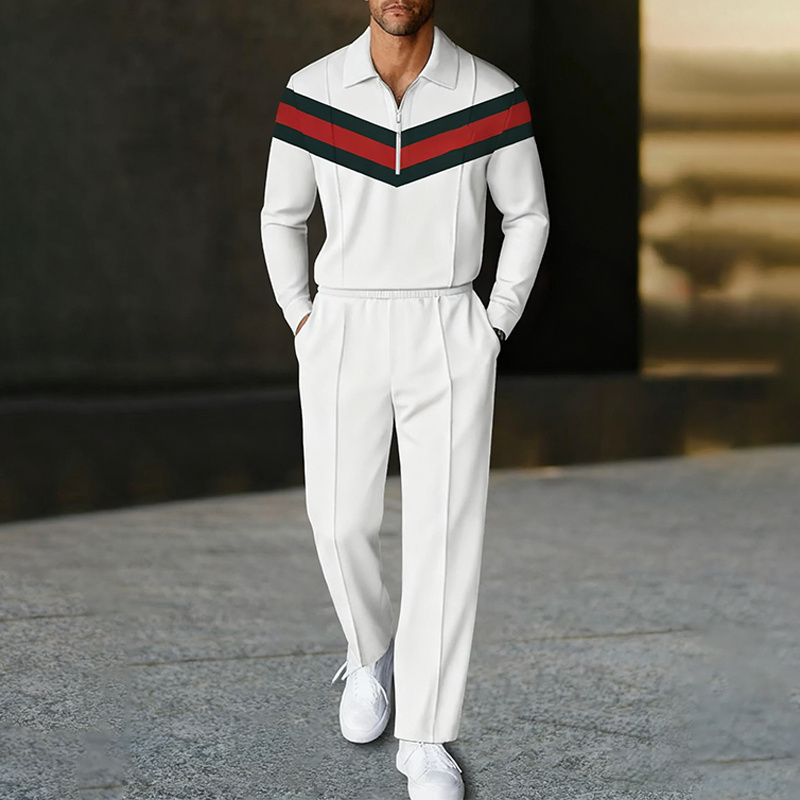 Men's fashion casual geometric print long sleeve zipper polo two-piece set