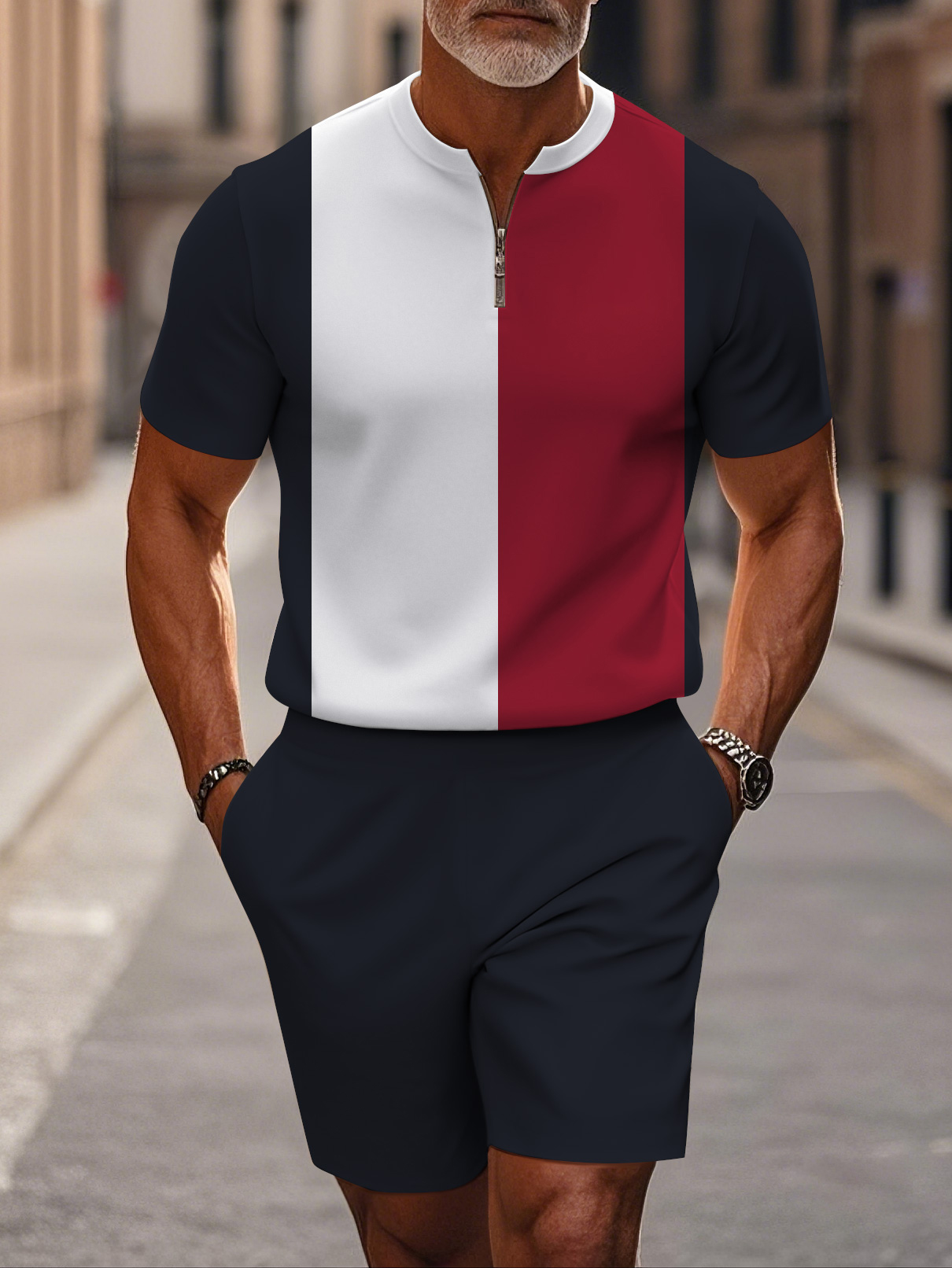 Men's fashion casual round-neck zipper geometric printed short-sleeved two-piece set