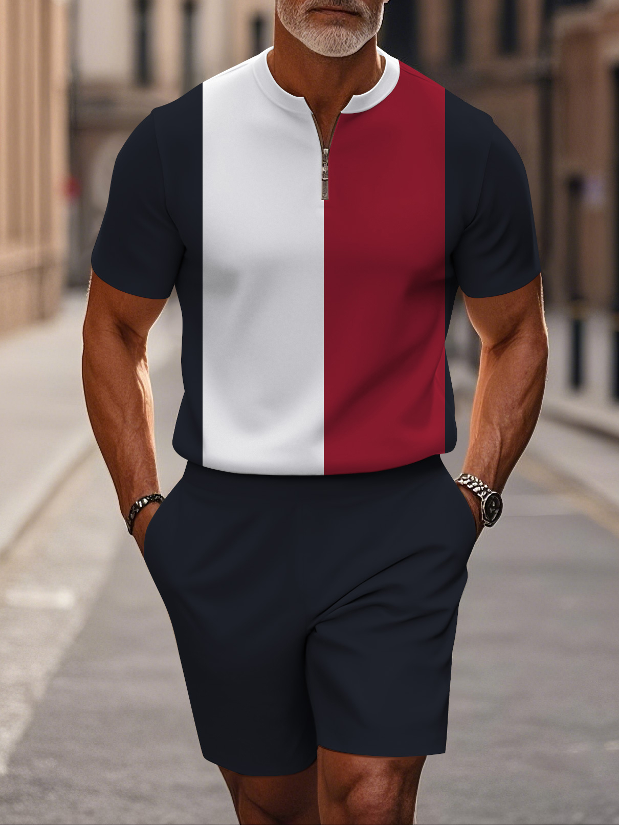 Men's fashion casual round-neck zipper geometric printed short-sleeved two-piece set