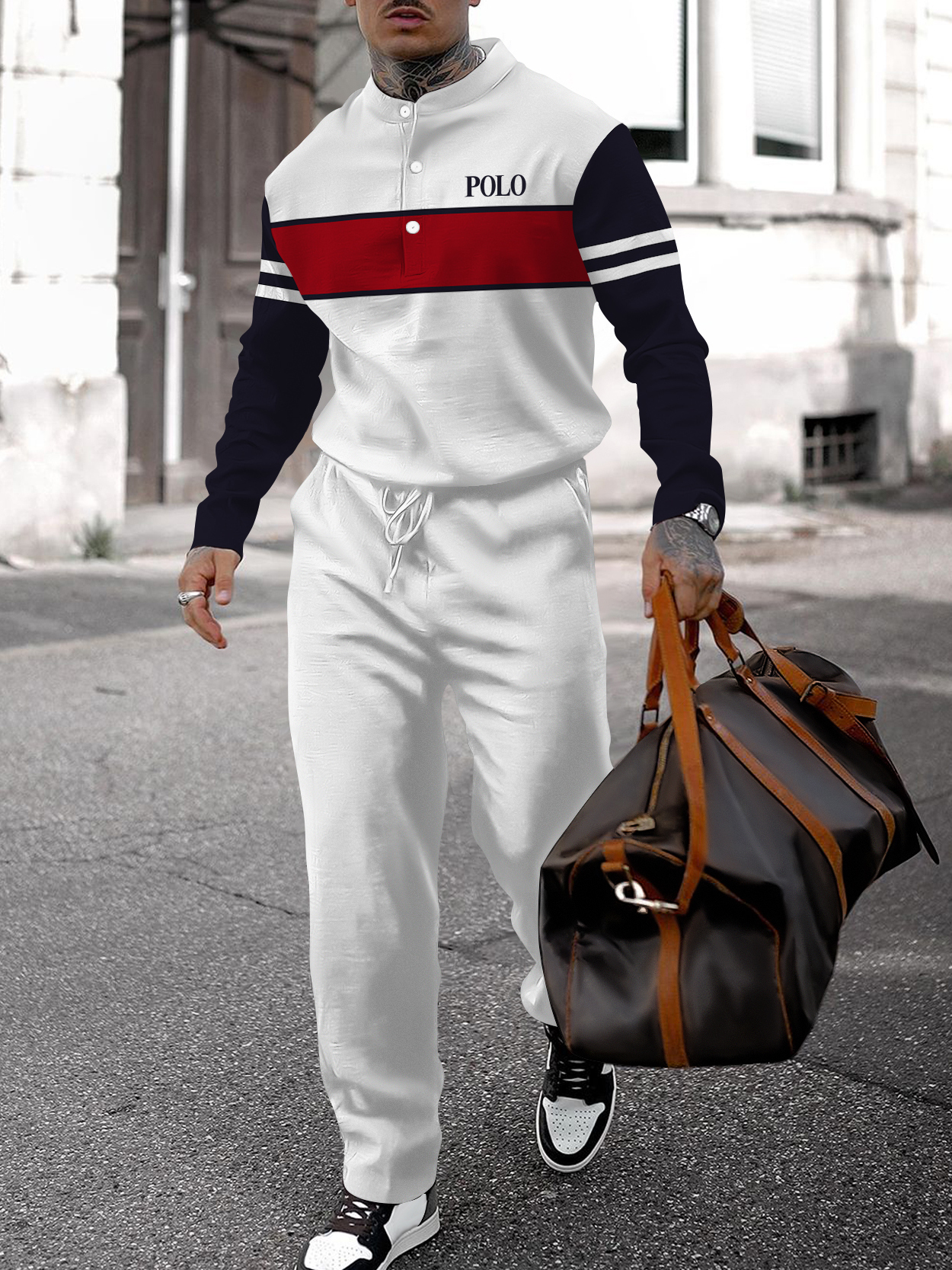 Men's fashion casual geometric print long sleeve two-piece set