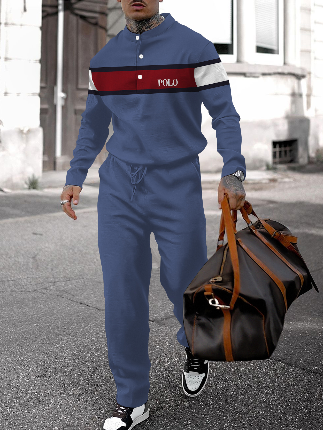 Men's fashion casual geometric print long sleeve two-piece set