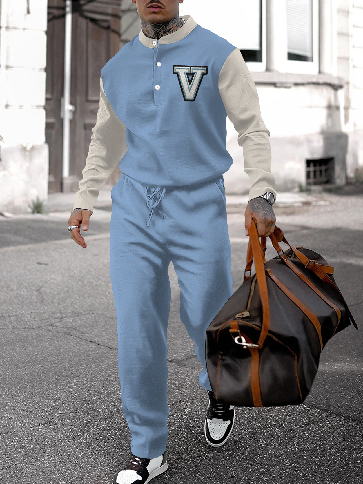 Men's fashion casual geometric print long sleeve two-piece set