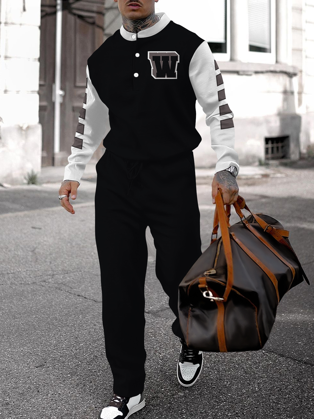 Men's fashion casual geometric print long sleeve two-piece set